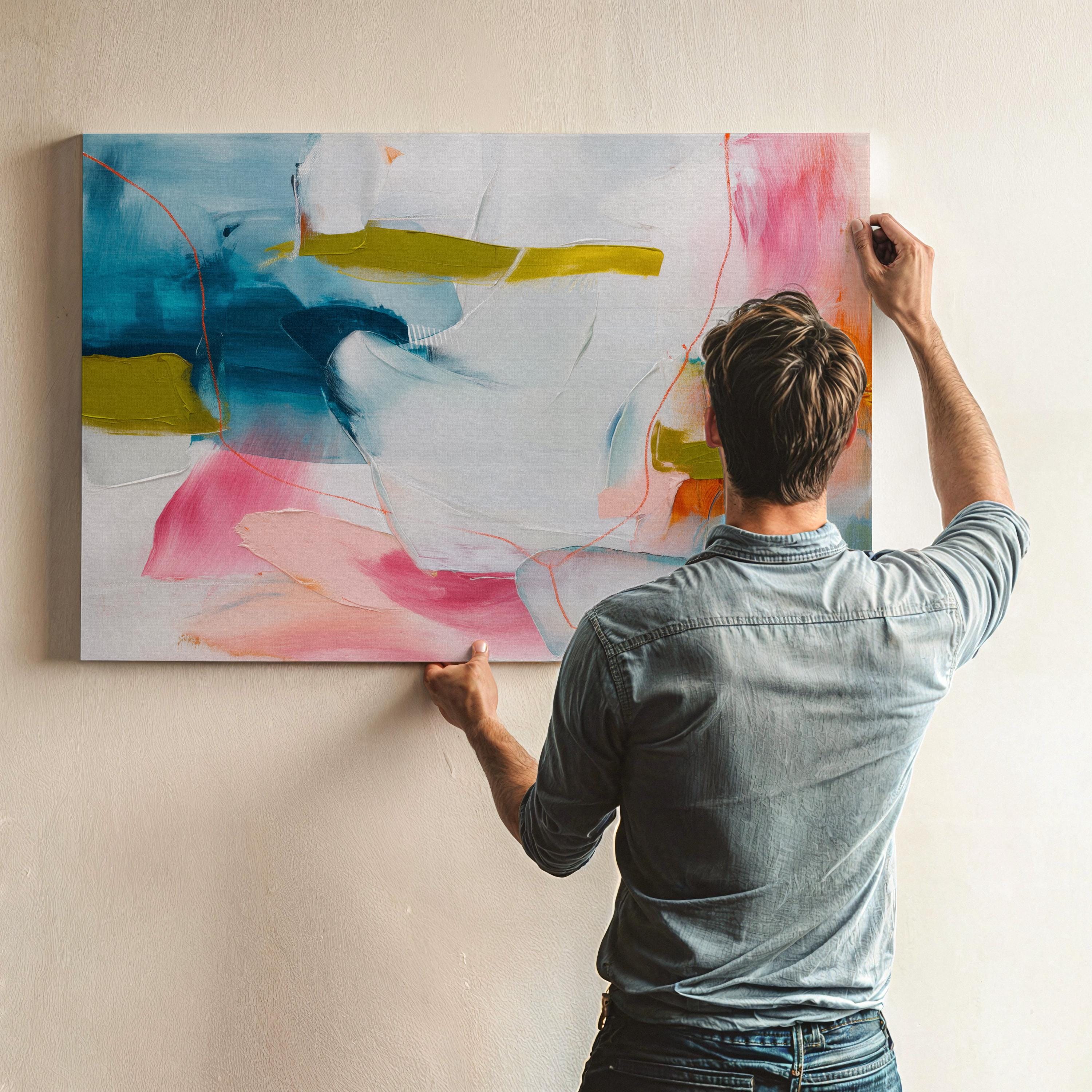Abstract Canvas Wall Art Pink Blue Mustard Painting Modern Horizontal Decor Warm Minimalist Art for Home Bold Eclectic Modern Decor Art 463