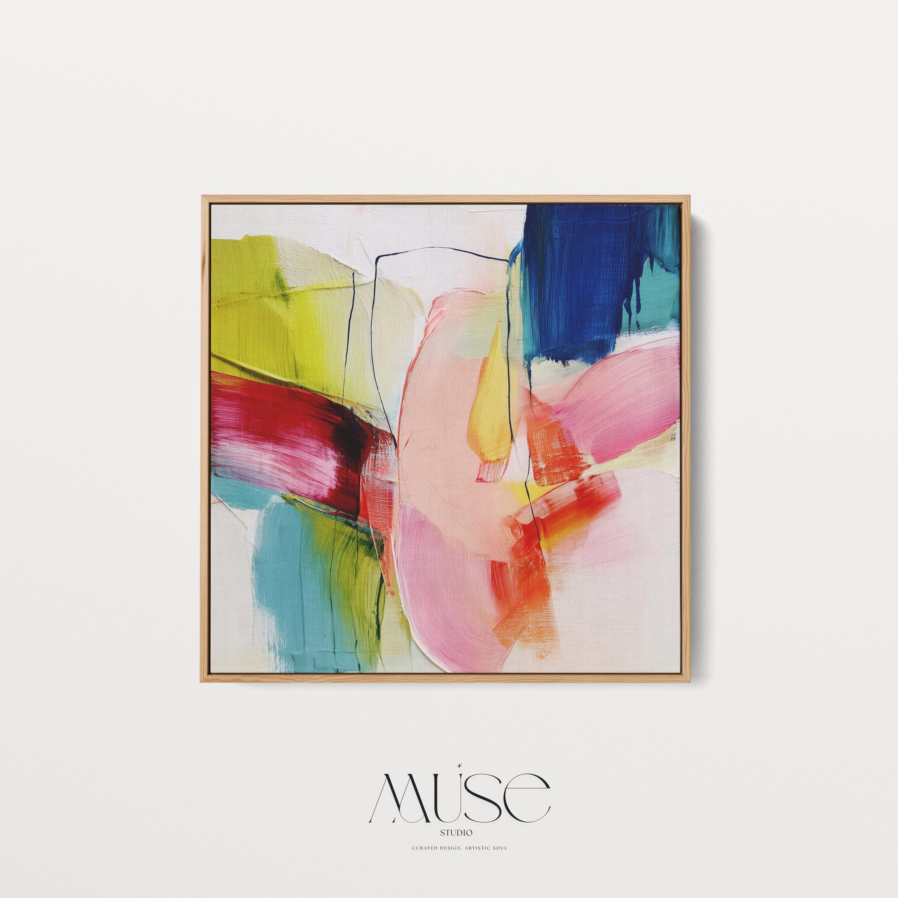 Bold Abstract Canvas Wall Art Color Pop Pink Blue Green Square Framed Modern Painting for Living Room or Office Decor Statement Art 464 Framed Canvas Art Colorful abstract wall art on framed canvas, perfect for bold decor art and modern wall decor. Large statement piece with expressive brushstrokes and rich textures. Ready-to-hang giclée canvas designed to energize living rooms, offices, bedrooms and curated interiors. Muse Studio Decor Art.