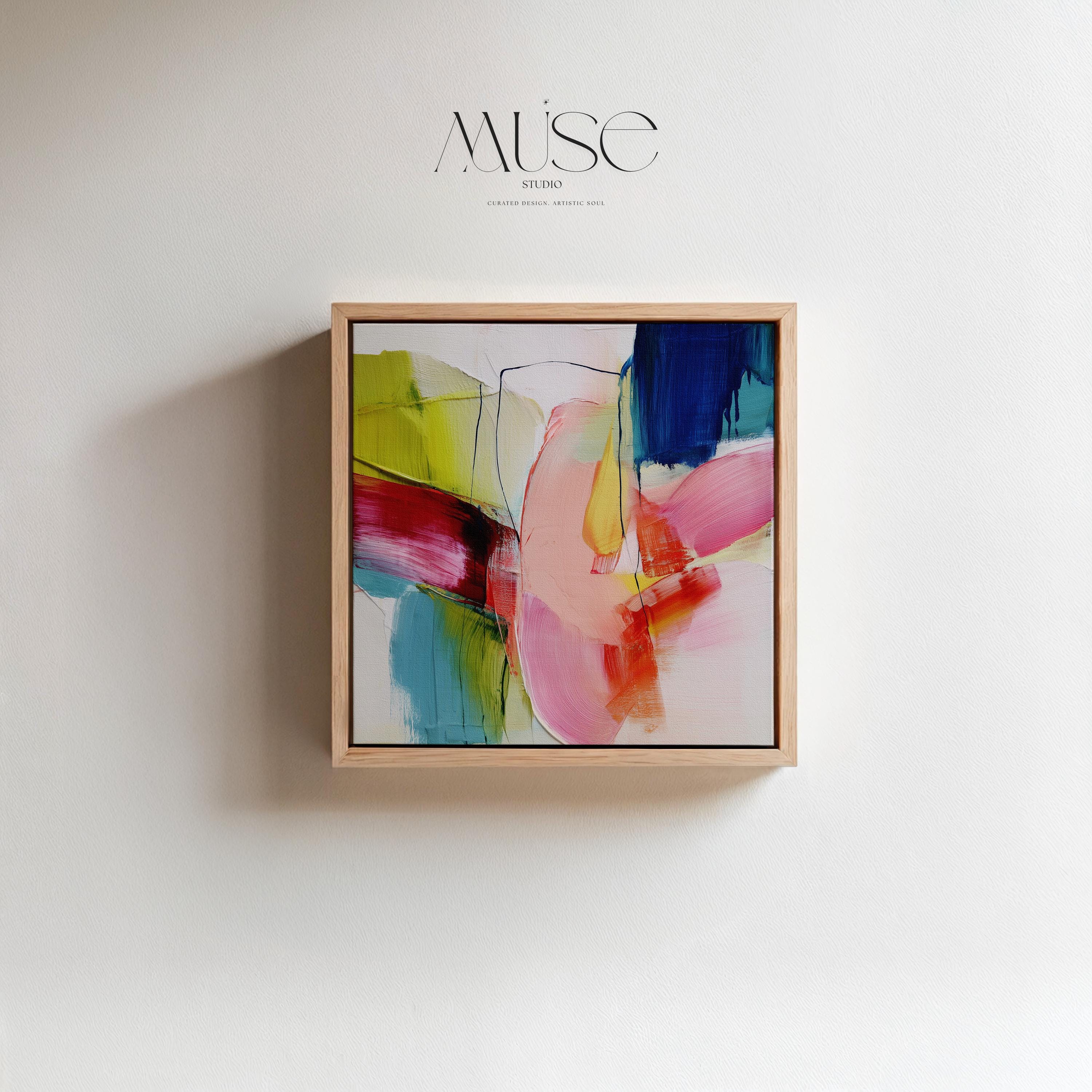 Bold Abstract Canvas Wall Art Color Pop Pink Blue Green Square Framed Modern Painting for Living Room or Office Decor Statement Art 464 Framed Canvas Art Colorful abstract wall art on framed canvas, perfect for bold decor art and modern wall decor. Large statement piece with expressive brushstrokes and rich textures. Ready-to-hang giclée canvas designed to energize living rooms, offices, bedrooms and curated interiors. Muse Studio Decor Art.