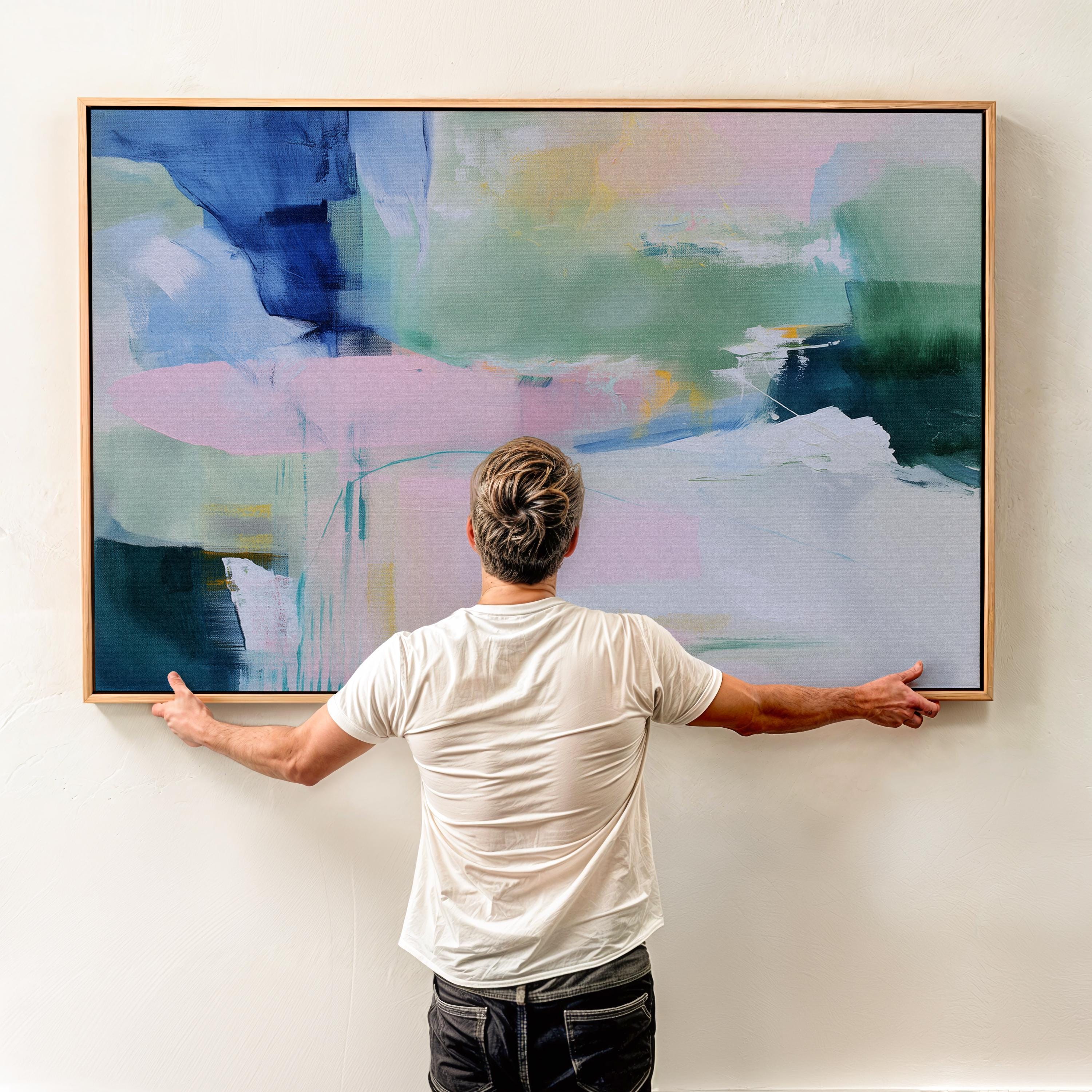 Colorful abstract wall art staged in modern neutral home decor. Large statement art print displayed in living room, bedroom, or office space. Vibrant canvas or giclée print adds bold style to contemporary interiors, perfect for home decor, office staging, and design projects