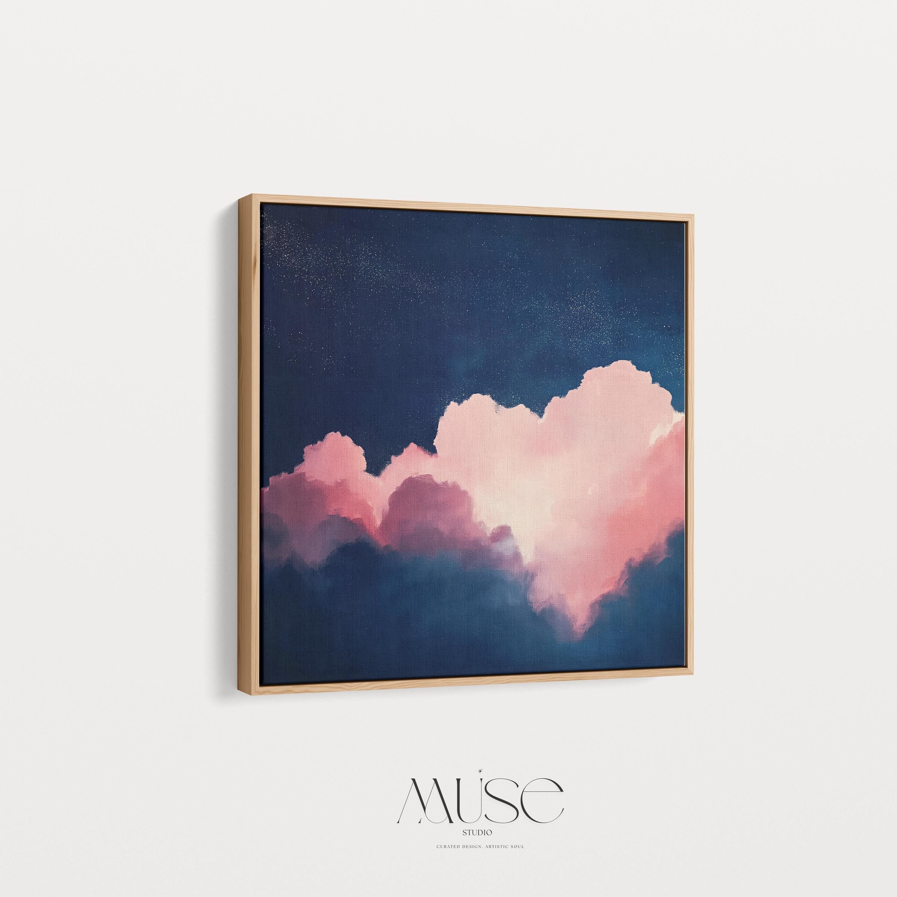 Oversized Canvas Wall Art Pink and Navy Cloud Painting Framed Abstract Sky Bedroom Decor Soft Contemporary Calm Mood Piece 466 Framed Canvas Art Colorful abstract wall art on framed canvas, perfect for bold decor art and modern wall decor. Large statement piece with expressive brushstrokes and rich textures. Ready-to-hang giclée canvas designed to energize living rooms, offices, bedrooms and curated interiors. Muse Studio Decor Art.