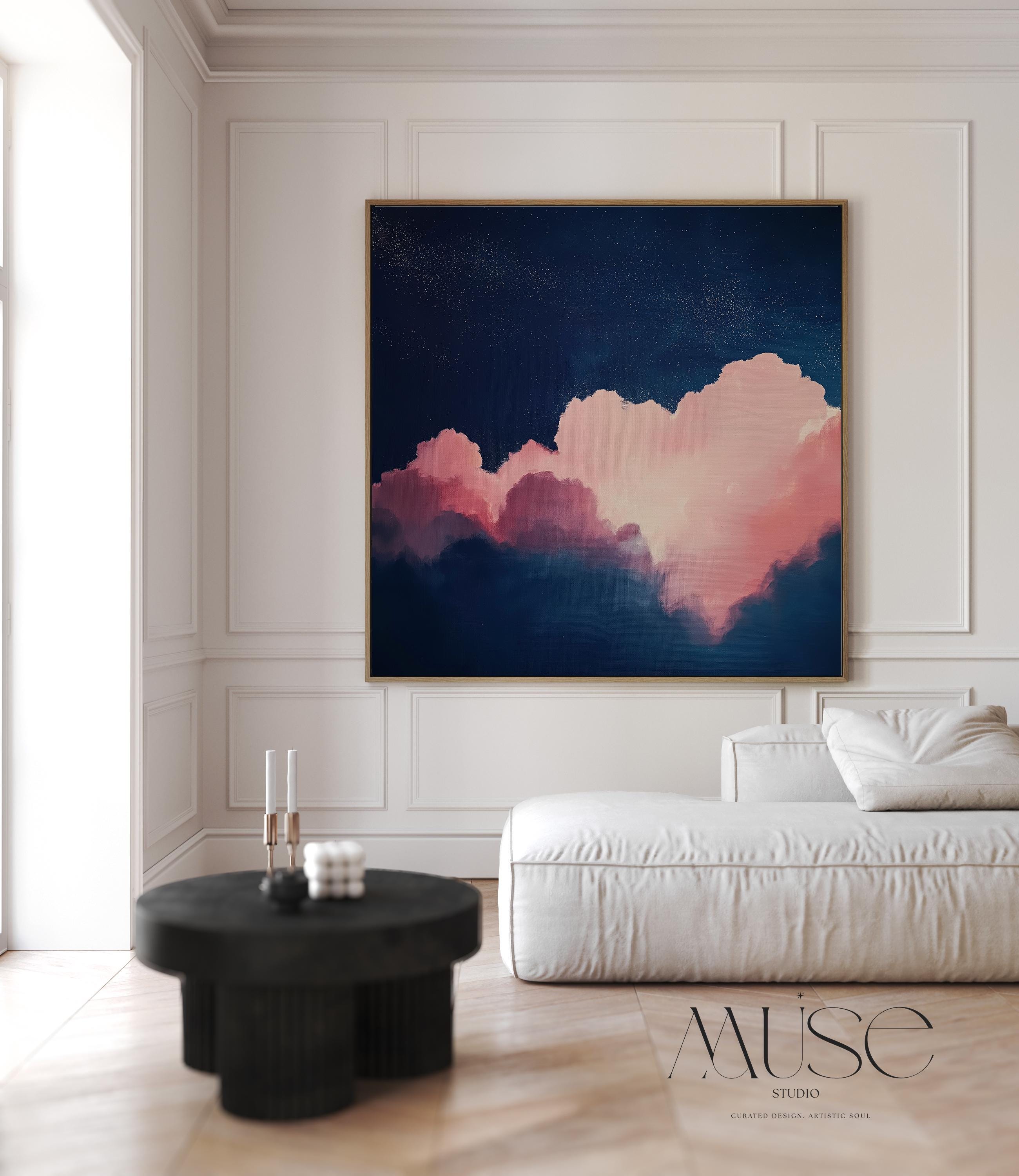 Oversized Canvas Wall Art Pink and Navy Cloud Painting Framed Abstract Sky Bedroom Decor Soft Contemporary Calm Mood Piece 466 Framed Canvas Art Colorful abstract wall art on framed canvas, perfect for bold decor art and modern wall decor. Large statement piece with expressive brushstrokes and rich textures. Ready-to-hang giclée canvas designed to energize living rooms, offices, bedrooms and curated interiors. Muse Studio Decor Art.