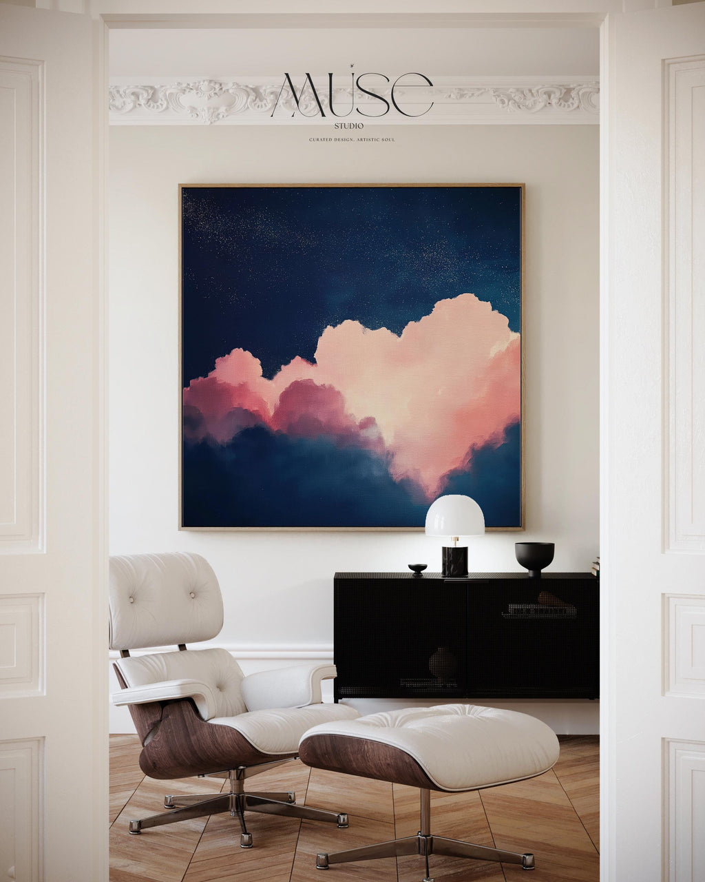 Oversized Canvas Wall Art Pink and Navy Cloud Painting Framed Abstract Sky Bedroom Decor Soft Contemporary Calm Mood Piece 466 Framed Canvas Art Colorful abstract wall art on framed canvas, perfect for bold decor art and modern wall decor. Large statement piece with expressive brushstrokes and rich textures. Ready-to-hang giclée canvas designed to energize living rooms, offices, bedrooms and curated interiors. Muse Studio Decor Art.