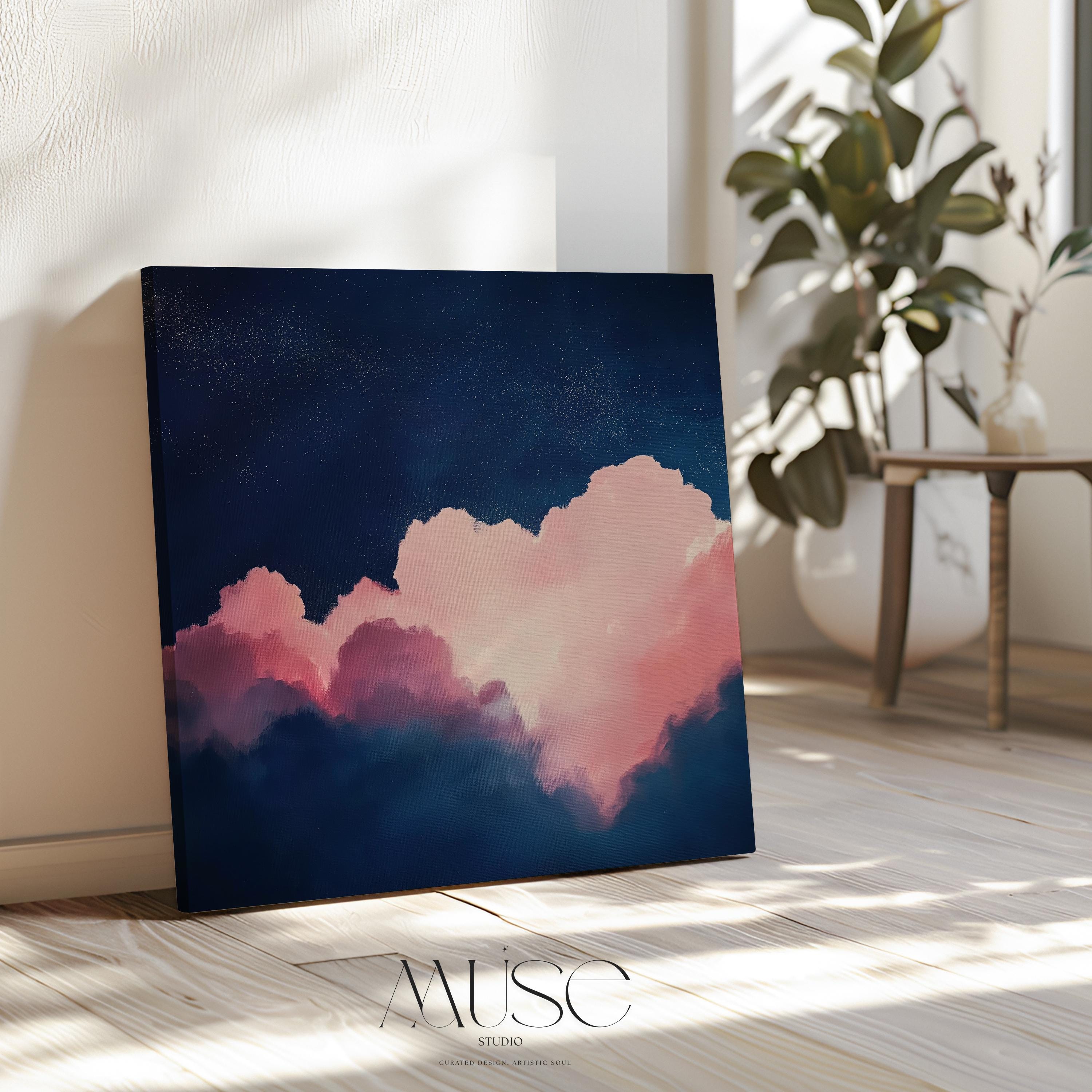 Oversized Canvas Wall Art Abstract Cloud Painting in Pink and Navy Large Modern Decor for Living Room Soft Contemporary Statement 466 Stretched Canvas Art Large abstract wall decor on stretched canvas, gallery-wrapped and ready to hang. Perfect for colorful wall art in living rooms, office spaces, and design projects. Giclée canvas print with bold brushwork and vibrant modern style for impactful home decor. Muse Studio Decor Art.