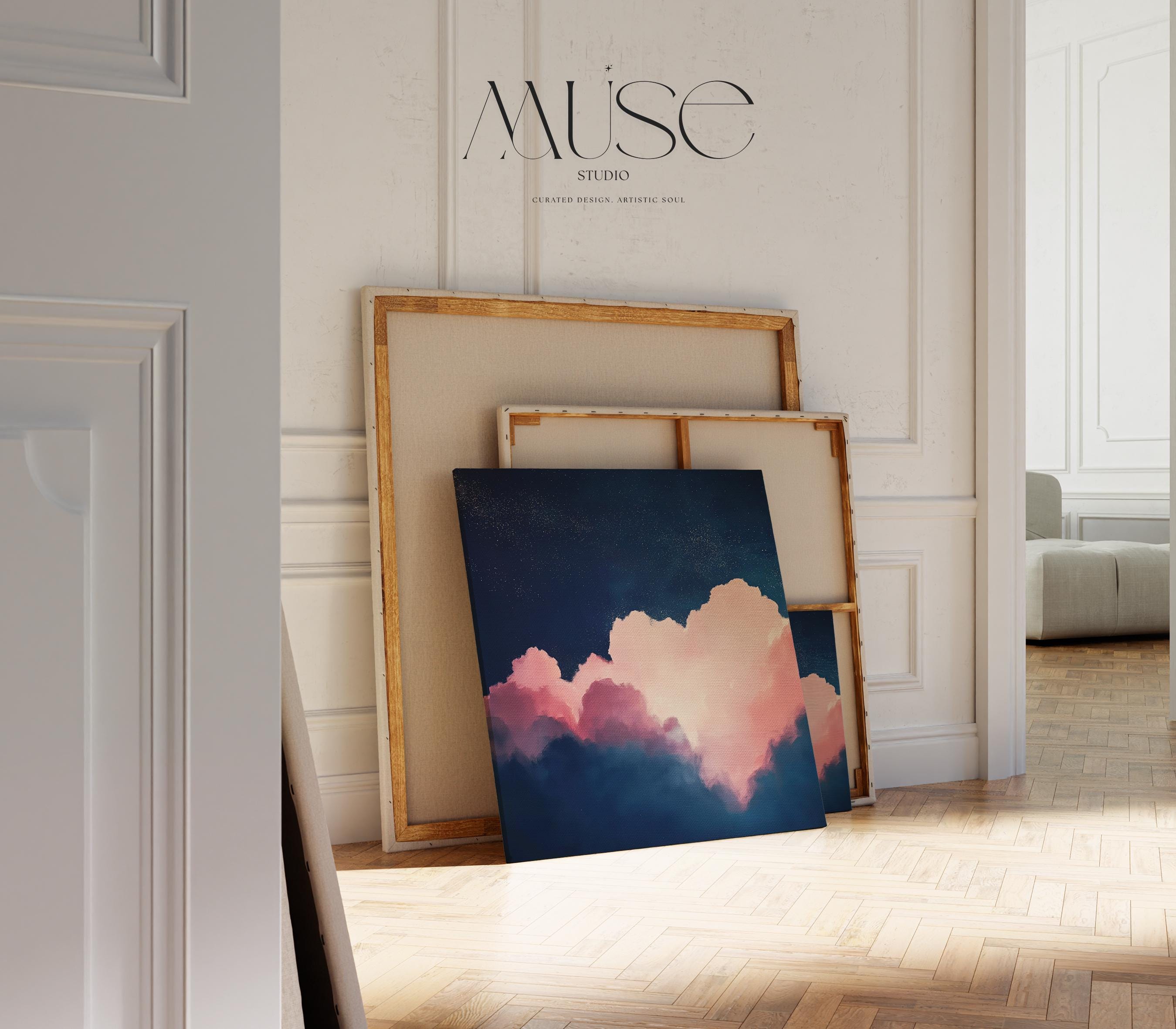 Oversized Canvas Wall Art Abstract Cloud Painting in Pink and Navy Large Modern Decor for Living Room Soft Contemporary Statement 466 Stretched Canvas Art Large abstract wall decor on stretched canvas, gallery-wrapped and ready to hang. Perfect for colorful wall art in living rooms, office spaces, and design projects. Giclée canvas print with bold brushwork and vibrant modern style for impactful home decor. Muse Studio Decor Art.