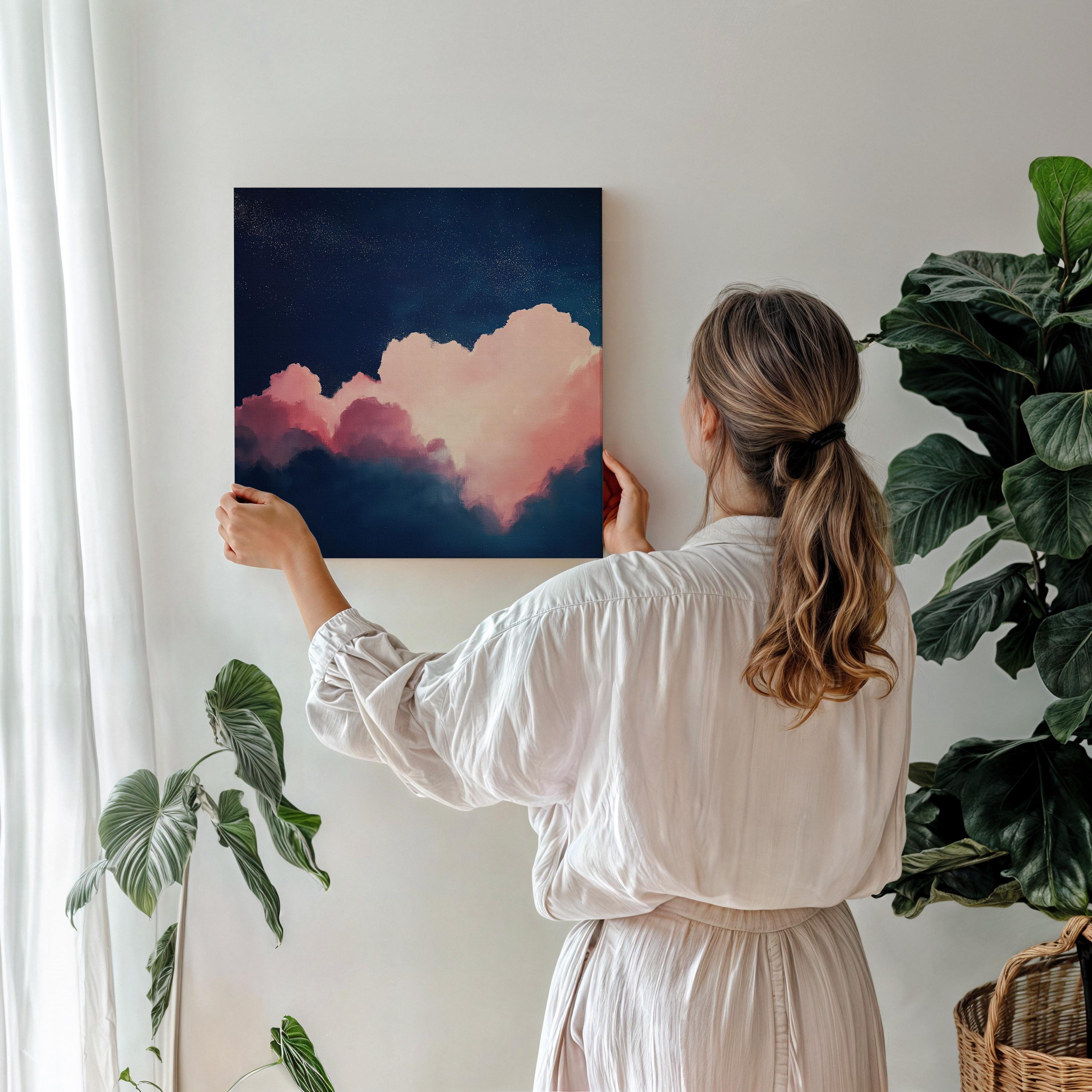 Oversized Canvas Wall Art Abstract Cloud Painting in Pink and Navy Large Modern Decor for Living Room Soft Contemporary Statement 466