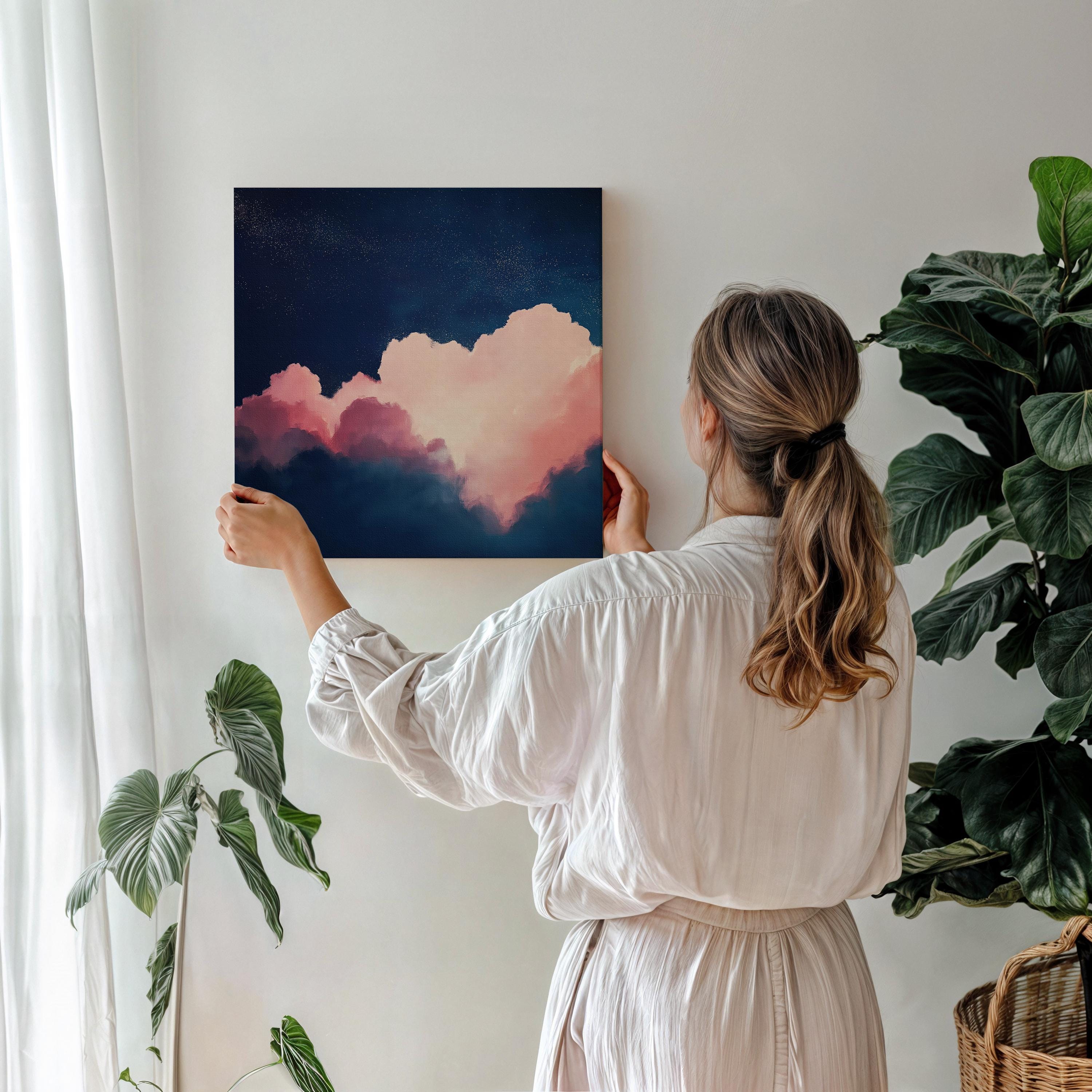 Oversized Canvas Wall Art Abstract Cloud Painting in Pink and Navy Large Modern Decor for Living Room Soft Contemporary Statement 466 Stretched Canvas Art Large abstract wall decor on stretched canvas, gallery-wrapped and ready to hang. Perfect for colorful wall art in living rooms, office spaces, and design projects. Giclée canvas print with bold brushwork and vibrant modern style for impactful home decor. Muse Studio Decor Art.