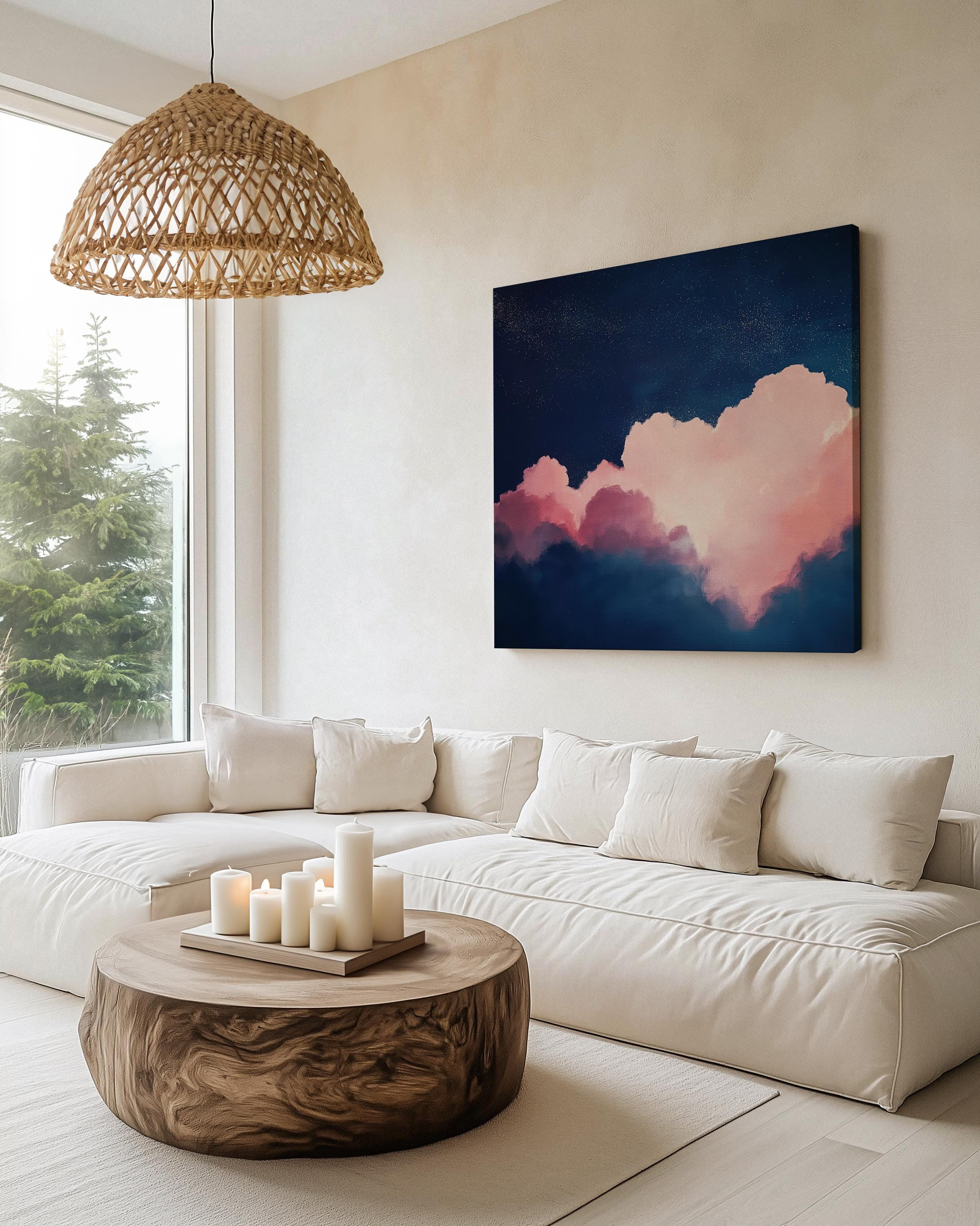 Oversized Canvas Wall Art Abstract Cloud Painting in Pink and Navy Large Modern Decor for Living Room Soft Contemporary Statement 466
