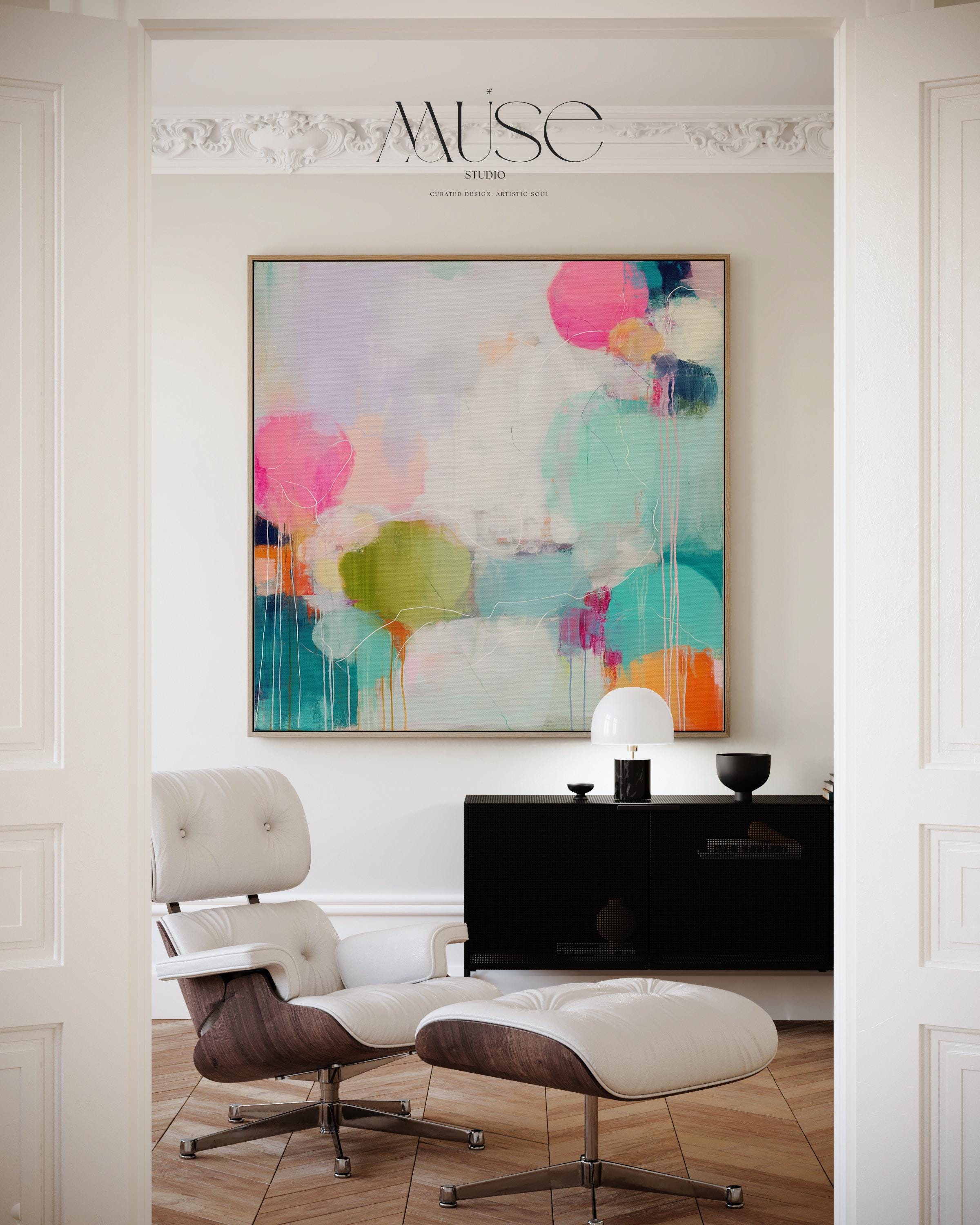 Oversized Canvas Wall Art Colorful Abstract Painting Pink Aqua Chartreuse Home Bedroom Office Decor Dopamine Style Statement Modern Art 465 Framed Canvas Art Colorful abstract wall art on framed canvas, perfect for bold decor art and modern wall decor. Large statement piece with expressive brushstrokes and rich textures. Ready-to-hang giclée canvas designed to energize living rooms, offices, bedrooms and curated interiors. Muse Studio Decor Art.