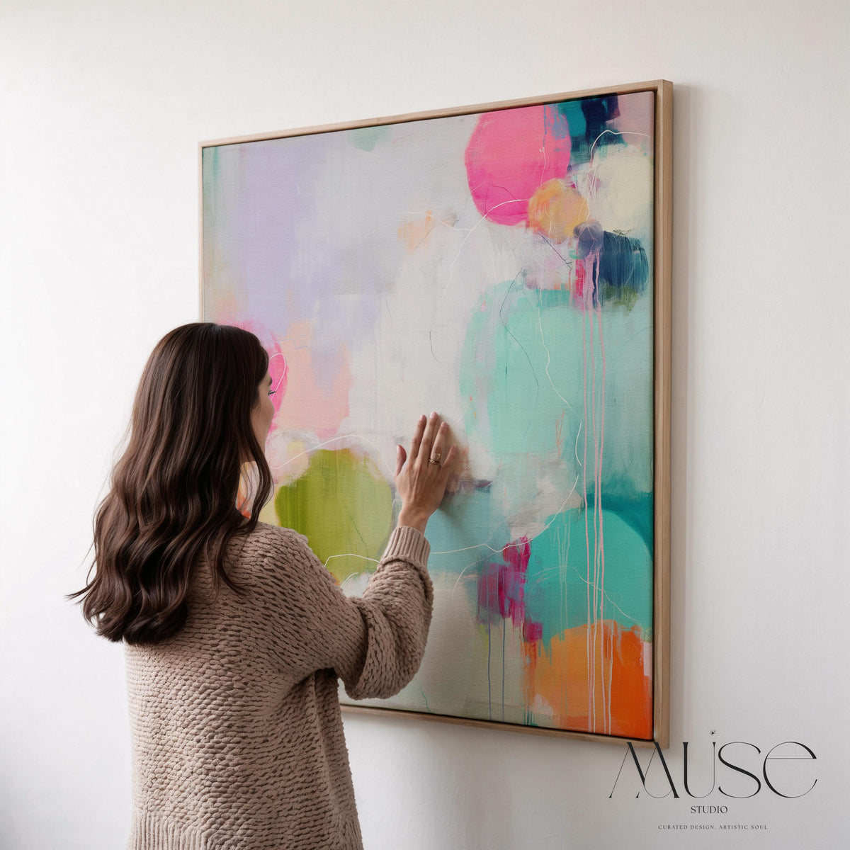 Oversized Canvas Wall Art Colorful Abstract Painting Pink Aqua Chartreuse Home Bedroom Office Decor Dopamine Style Statement Modern Art 465 Framed Canvas Art Colorful abstract wall art on framed canvas, perfect for bold decor art and modern wall decor. Large statement piece with expressive brushstrokes and rich textures. Ready-to-hang giclée canvas designed to energize living rooms, offices, bedrooms and curated interiors. Muse Studio Decor Art.