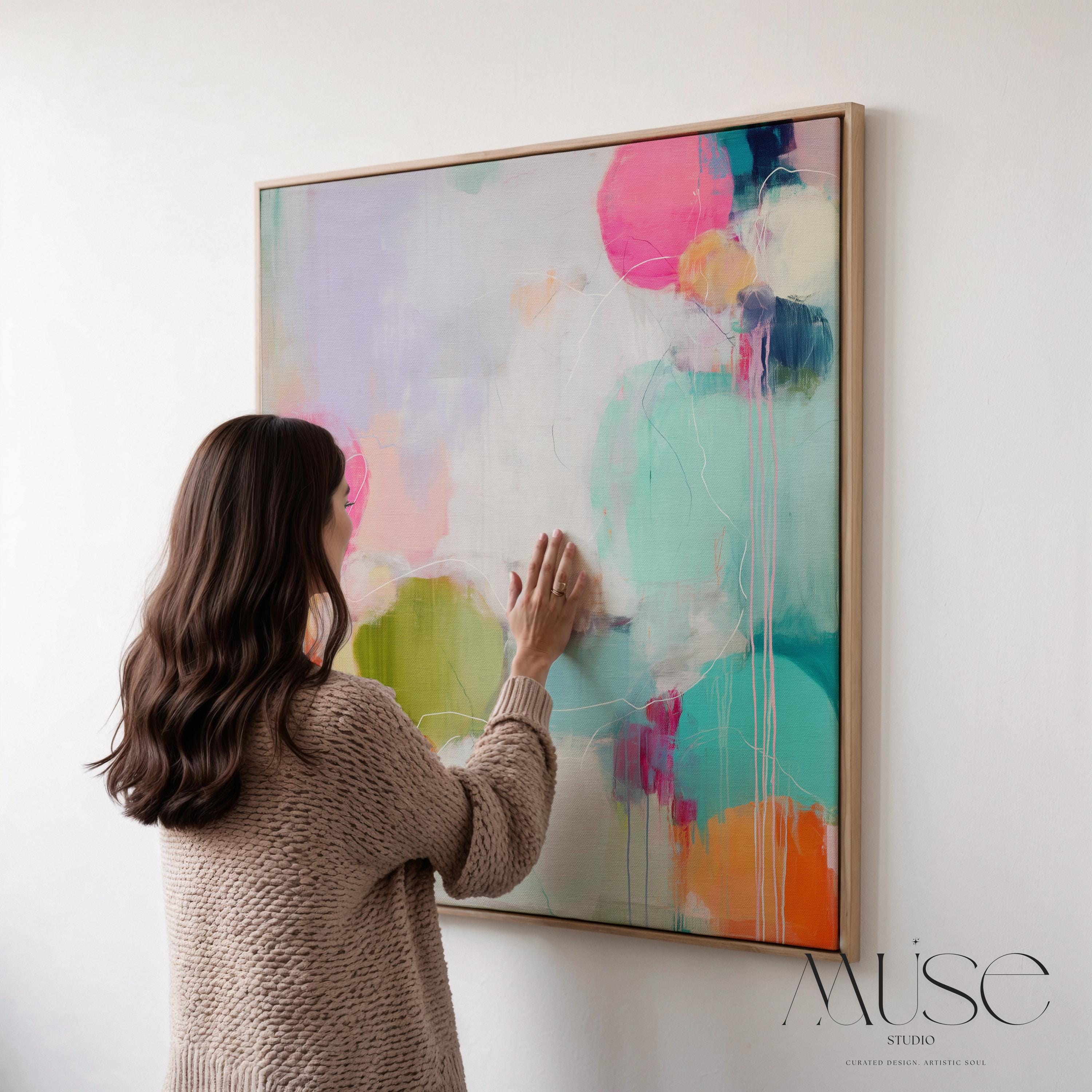 Oversized Canvas Wall Art Colorful Abstract Painting Pink Aqua Chartreuse Home Bedroom Office Decor Dopamine Style Statement Modern Art 465 Framed Canvas Art Colorful abstract wall art on framed canvas, perfect for bold decor art and modern wall decor. Large statement piece with expressive brushstrokes and rich textures. Ready-to-hang giclée canvas designed to energize living rooms, offices, bedrooms and curated interiors. Muse Studio Decor Art.