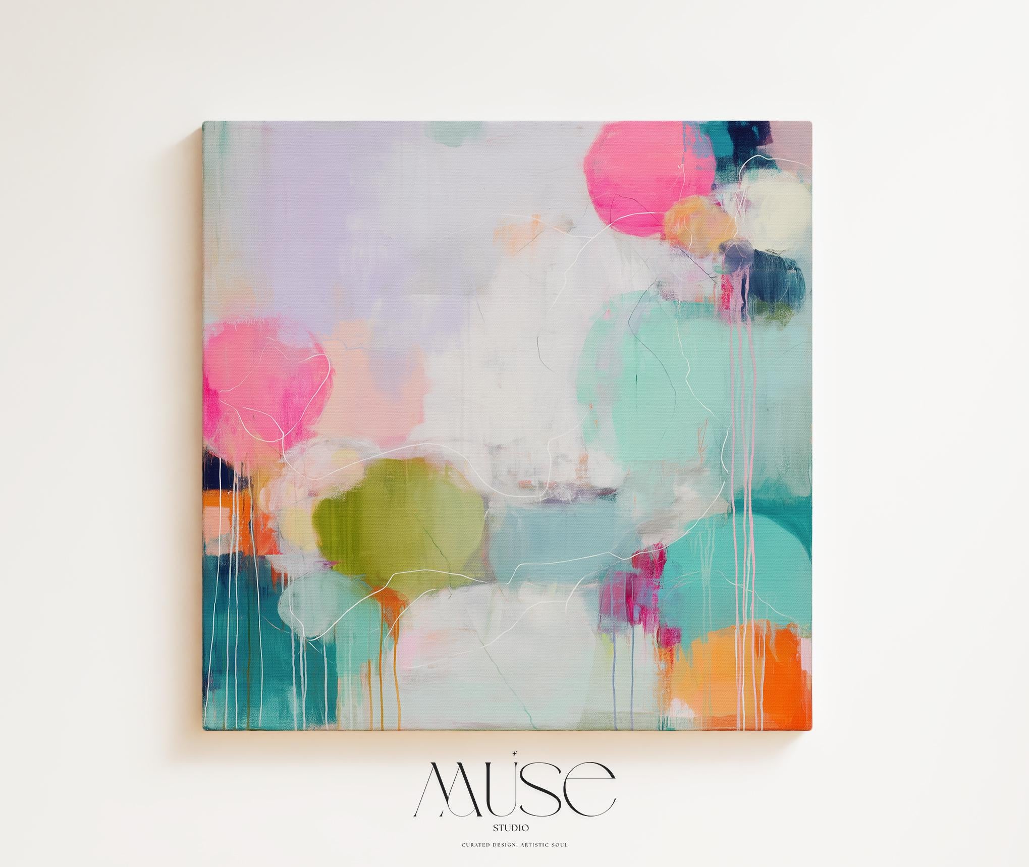 Large horizontal colorful abstract wall art print by Muse Studio featuring vibrant pink, aqua, and citrus tones, printed with archival giclée inks on premium watercolor-textured fine art paper for rich saturation and long-lasting color, ready for custom framing in creative boho and color pop interiors.