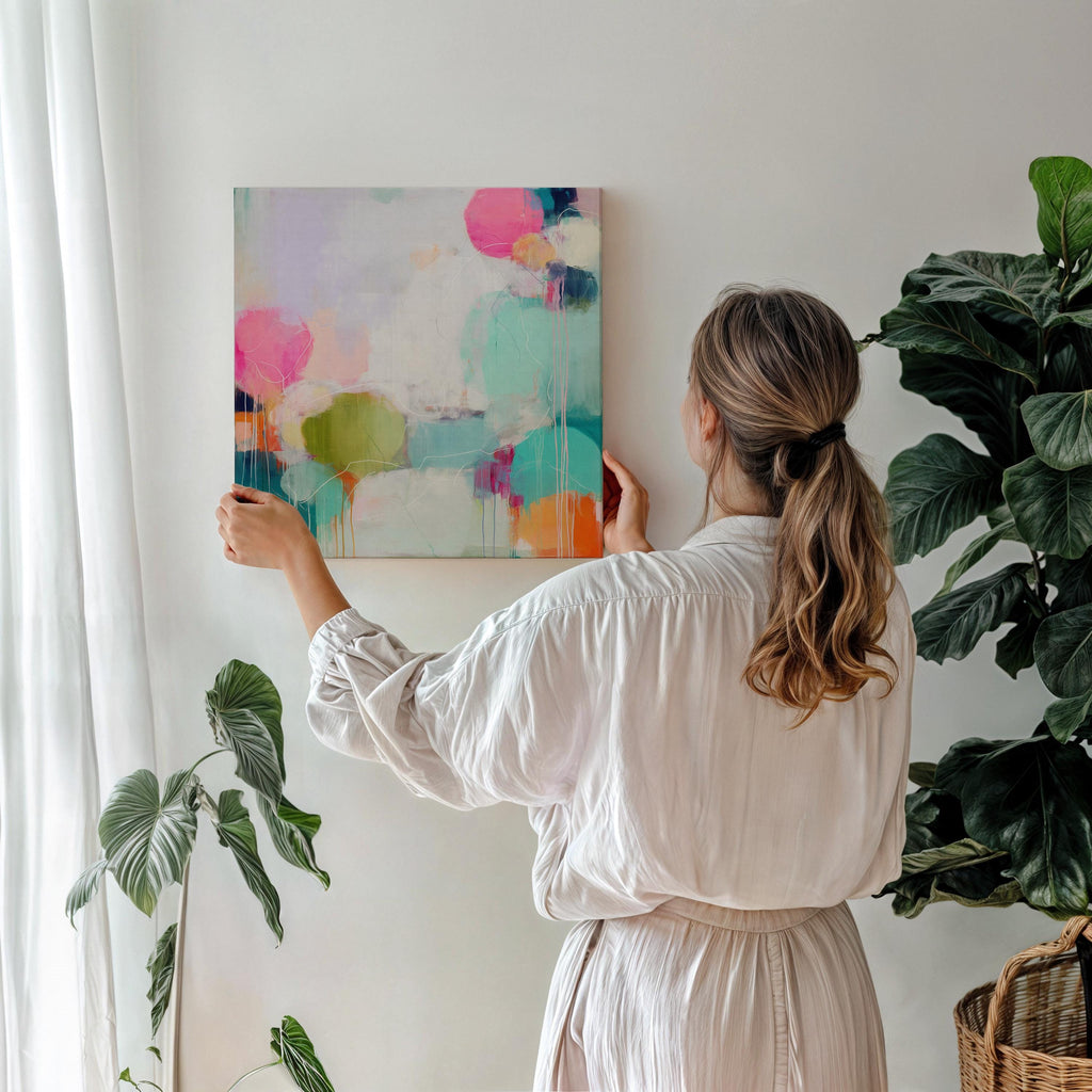 Colorful Abstract Canvas Wall Art Pink Aqua Chartreuse Dopamine Decor for Office or Living Room Soft Modern Statement Artwork 465 Stretched Canvas Art Large abstract wall decor on stretched canvas, gallery-wrapped and ready to hang. Perfect for colorful wall art in living rooms, office spaces, and design projects. Giclée canvas print with bold brushwork and vibrant modern style for impactful home decor. Muse Studio Decor Art.