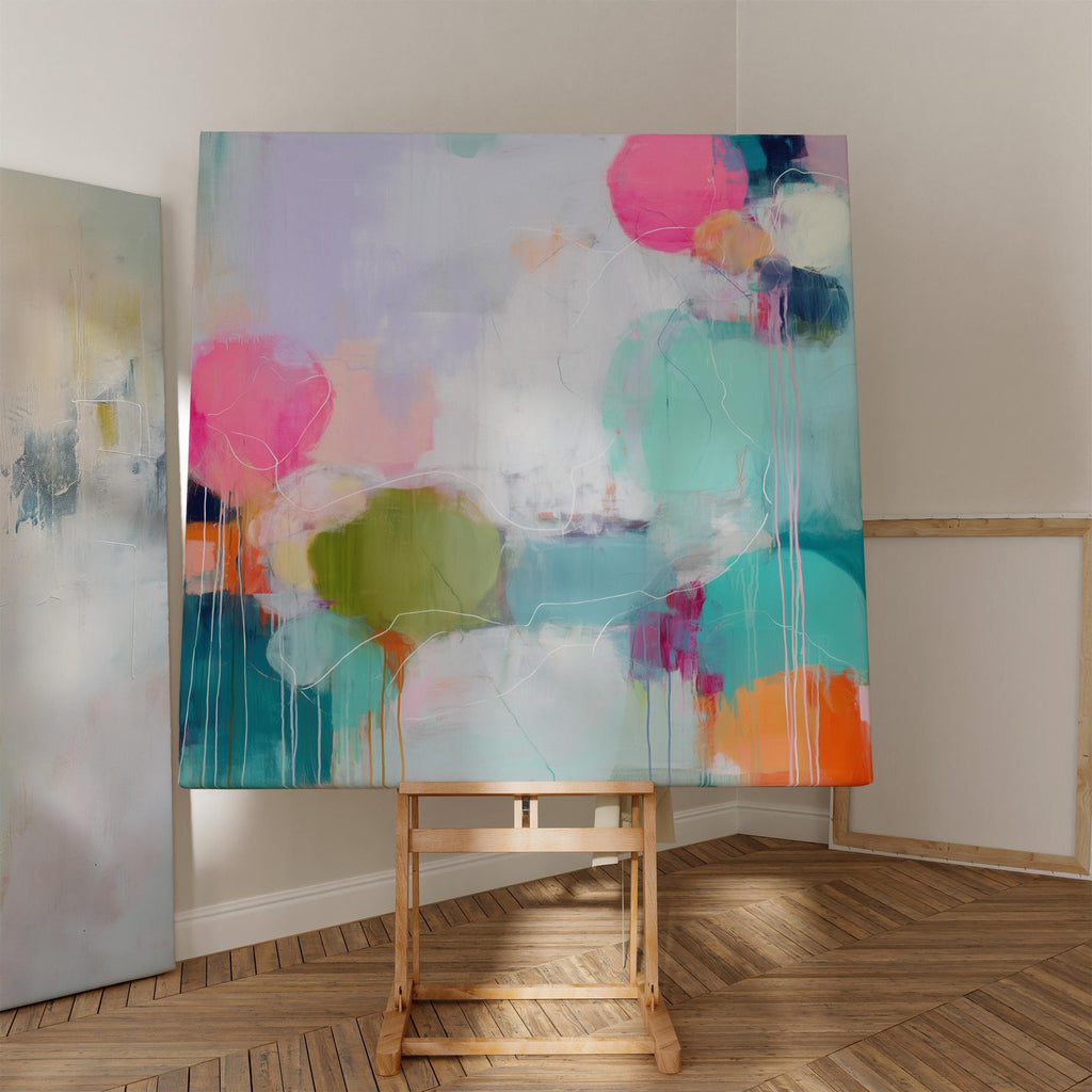 Colorful Abstract Canvas Wall Art Pink Aqua Chartreuse Dopamine Decor for Office or Living Room Soft Modern Statement Artwork 465 Stretched Canvas Art Large abstract wall decor on stretched canvas, gallery-wrapped and ready to hang. Perfect for colorful wall art in living rooms, office spaces, and design projects. Giclée canvas print with bold brushwork and vibrant modern style for impactful home decor. Muse Studio Decor Art.