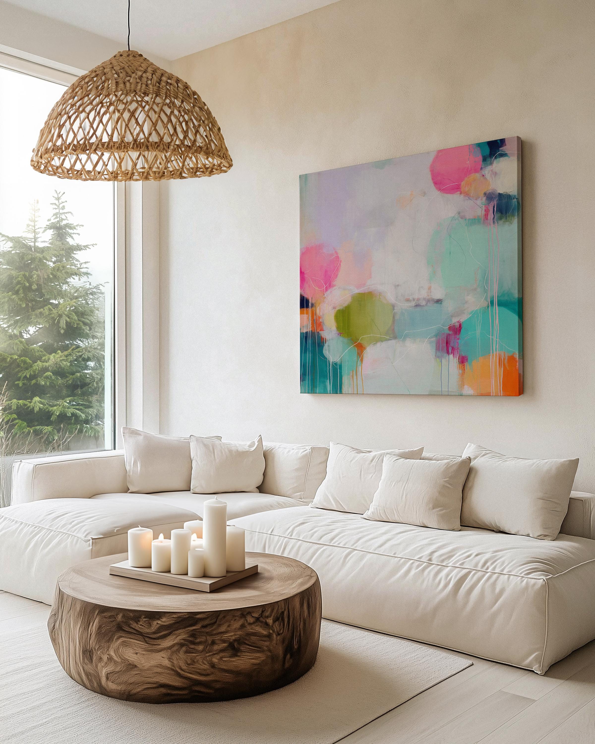Colorful Abstract Canvas Wall Art Pink Aqua Chartreuse Boho Decor for Office or Living Room Soft Modern Statement Artwork 465