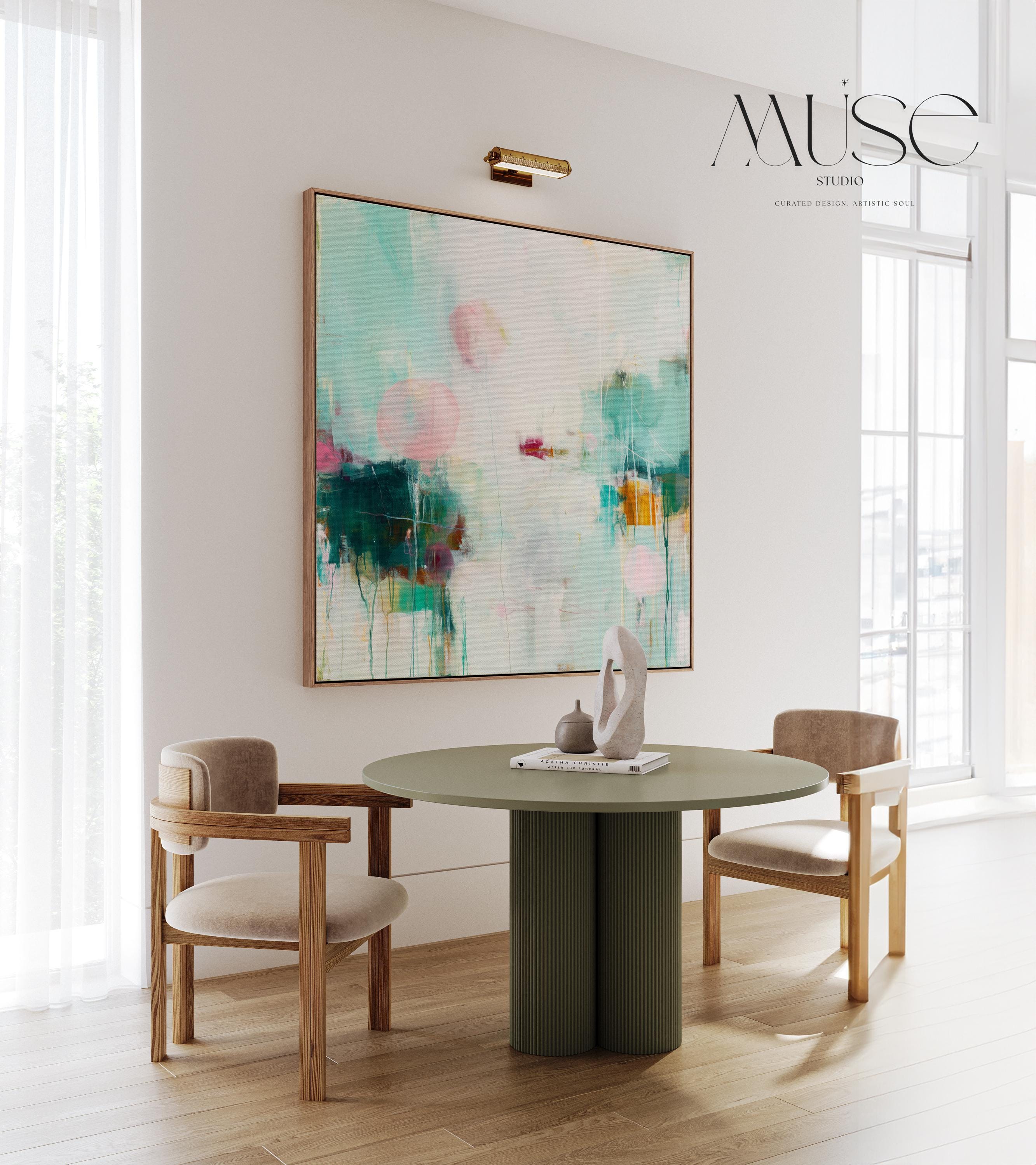 Oversized Canvas Wall Art Aqua Pink Abstract Painting Framed Large Modern Home Office Dining Room Decor Soft Contemporary Statement Art 464 Framed Canvas Art Colorful abstract wall art on framed canvas, perfect for bold decor art and modern wall decor. Large statement piece with expressive brushstrokes and rich textures. Ready-to-hang giclée canvas designed to energize living rooms, offices, bedrooms and curated interiors. Muse Studio Decor Art.