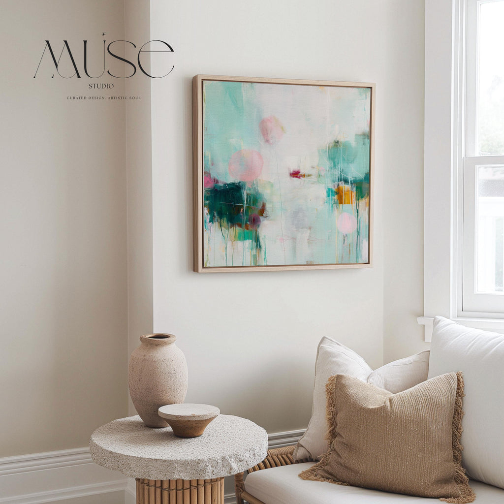 Oversized Canvas Wall Art Aqua Pink Abstract Painting Framed Large Modern Home Office Dining Room Decor Soft Contemporary Statement Art 464 Framed Canvas Art Colorful abstract wall art on framed canvas, perfect for bold decor art and modern wall decor. Large statement piece with expressive brushstrokes and rich textures. Ready-to-hang giclée canvas designed to energize living rooms, offices, bedrooms and curated interiors. Muse Studio Decor Art.