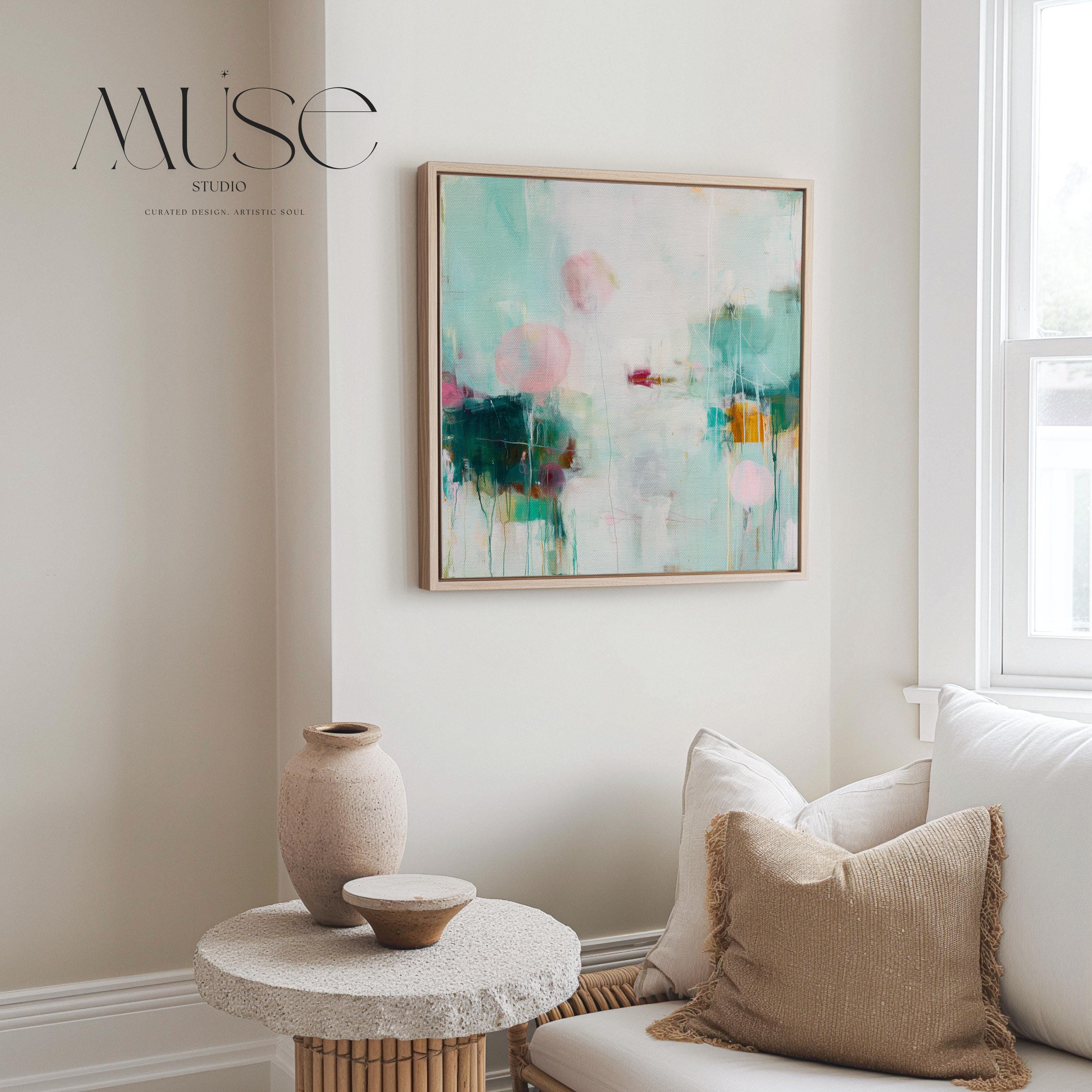 Oversized Canvas Wall Art Aqua Pink Abstract Painting Framed Large Modern Home Office Dining Room Decor Soft Contemporary Statement Art 464 Framed Canvas Art Colorful abstract wall art on framed canvas, perfect for bold decor art and modern wall decor. Large statement piece with expressive brushstrokes and rich textures. Ready-to-hang giclée canvas designed to energize living rooms, offices, bedrooms and curated interiors. Muse Studio Decor Art.