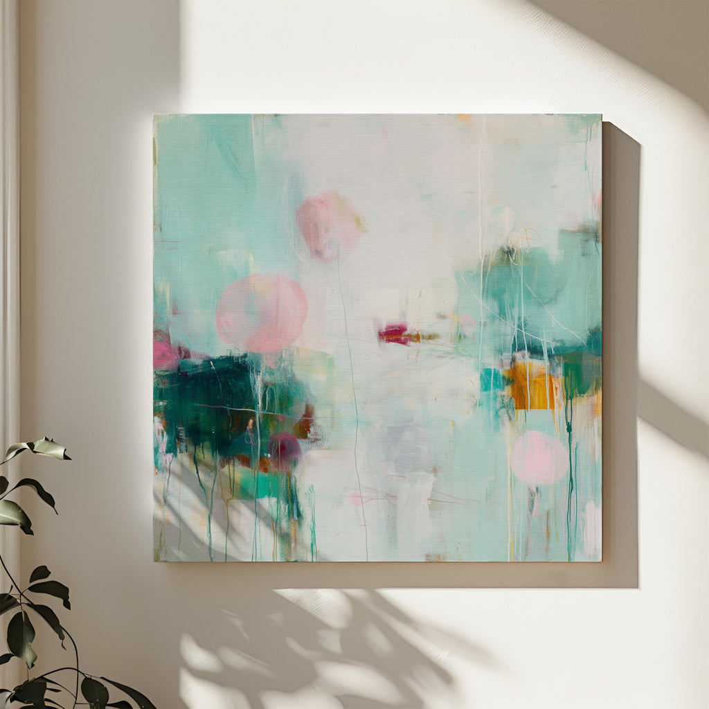 Large Abstract Canvas Art Pink Soft Nuetral Aqua Green Studio Painting Soft Colorful Wall Decor Modern Boutique Interior Statement Piece 464 Room Staging Colorful abstract wall decor styled in a modern neutral home. Large statement wall art displayed in living room, bedroom, or office spaces. Vibrant canvas or giclée decor art adds bold visual impact to contemporary interiors, ideal for home staging, office design, and curated spaces. Muse Studio Decor Art.