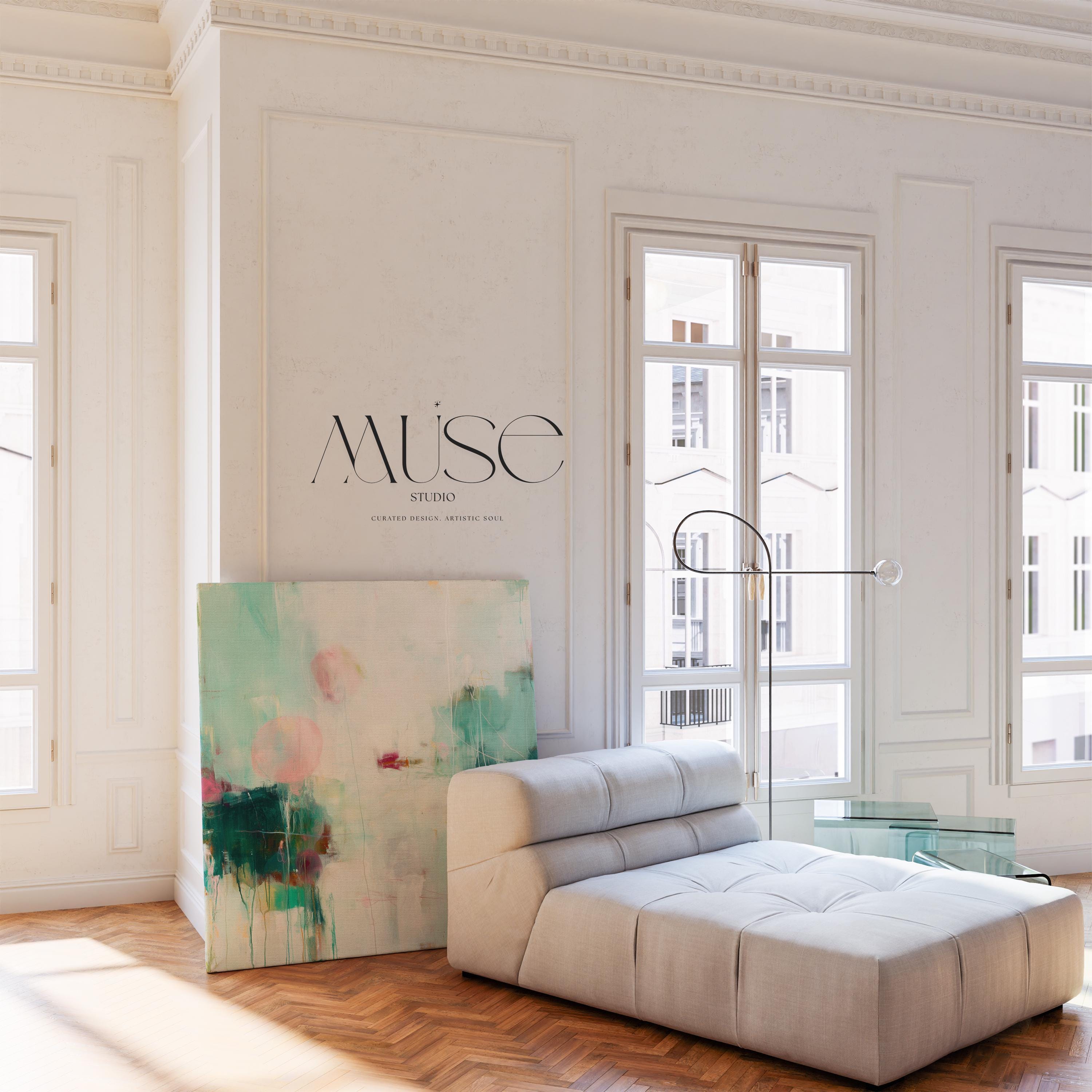 Large horizontal abstract canvas wall art by Muse Studio featuring hazy aqua, soft blush, and deep green tones, printed with museum-grade giclée inks on premium artist canvas and hand-stretched over solid wood bars for gallery-quality presentation in organic transitional interiors.