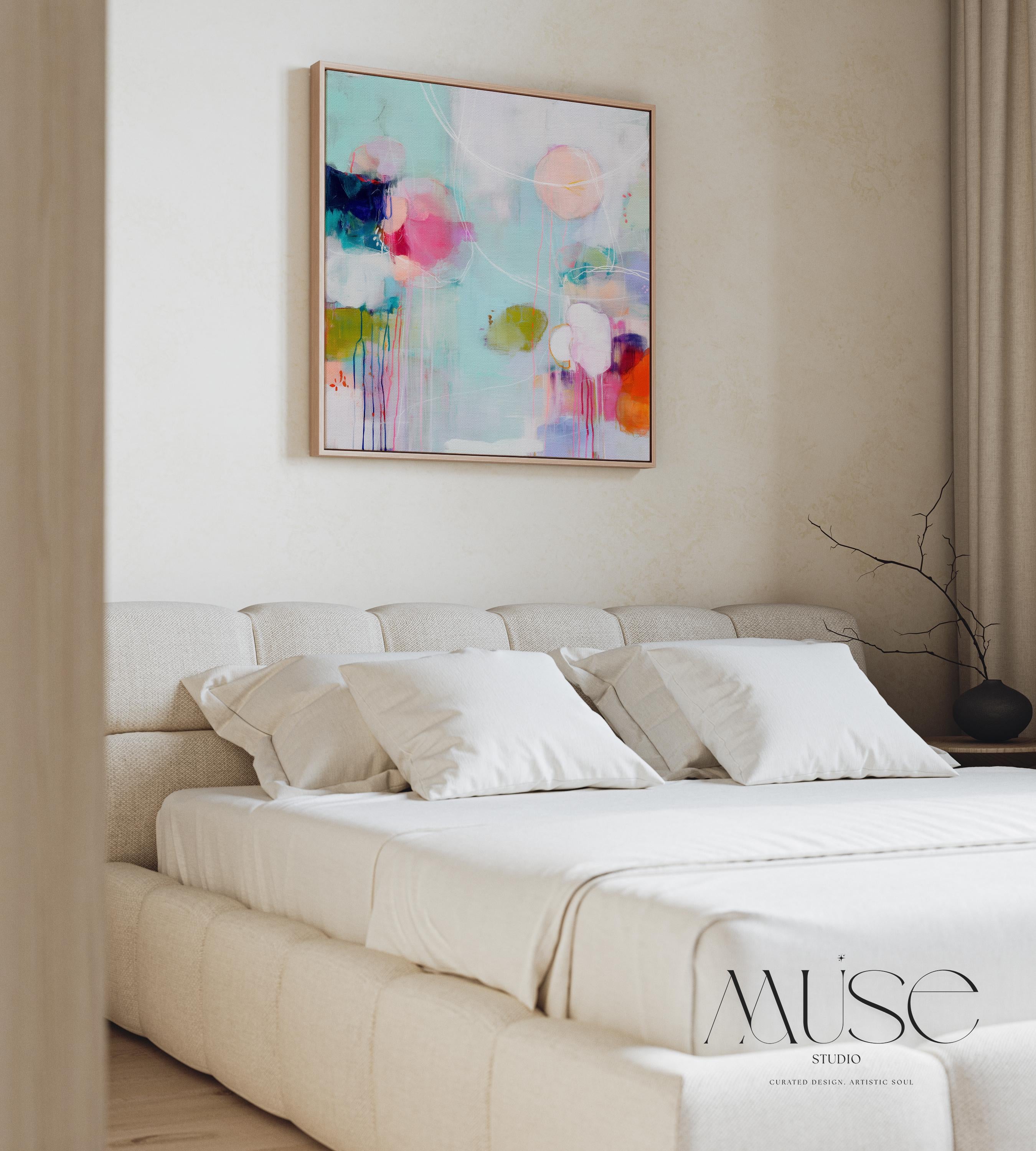Framed Canvas Wall Art Abstract Color Pop in Pink Aqua Orange Oversized Modern Decor for Living Room or Office Statement Art 463
