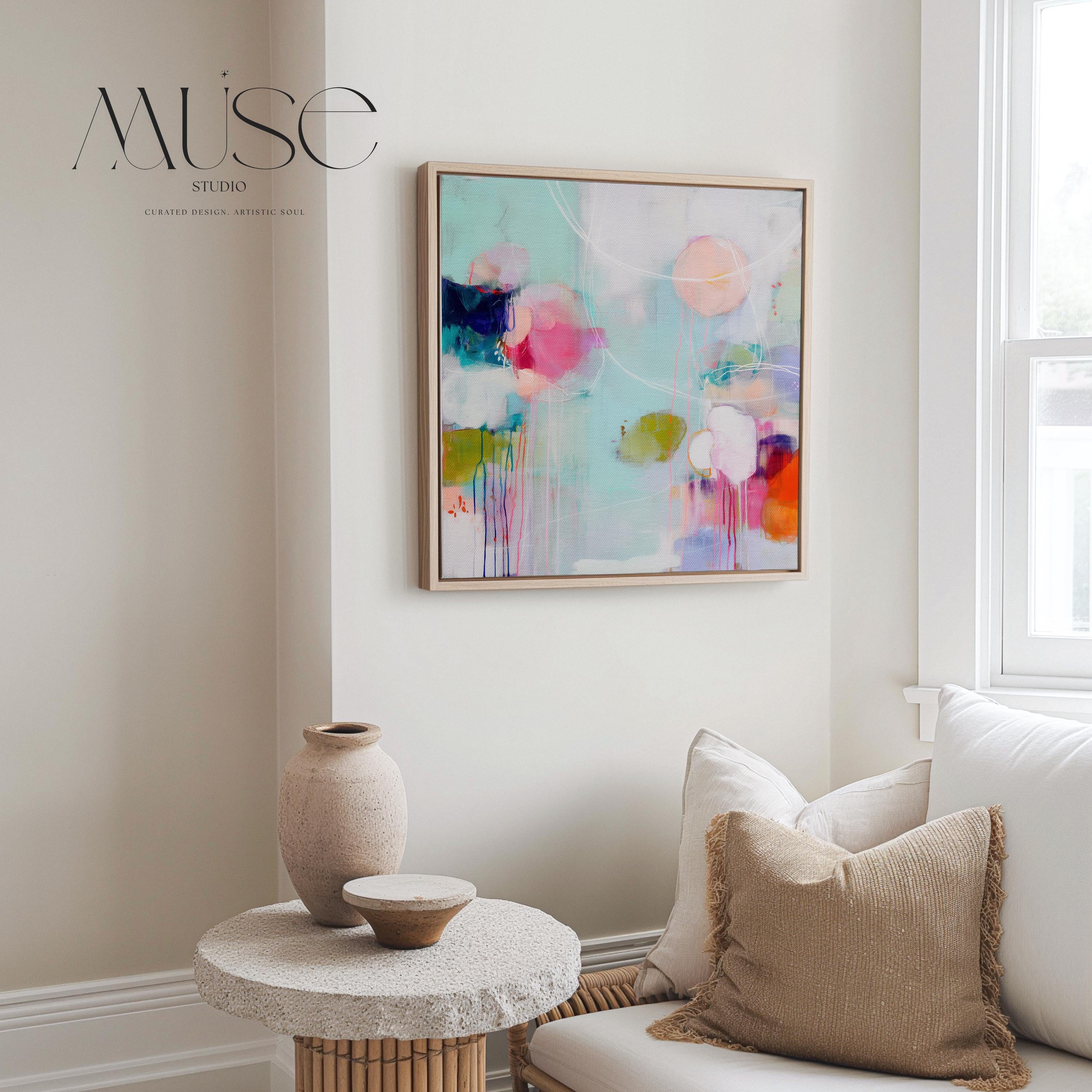 Framed Canvas Wall Art Abstract Color Pop in Pink Aqua Orange Oversized Modern Decor for Living Room or Office Statement Art 463 Framed Canvas Art Colorful abstract wall art on framed canvas, perfect for bold decor art and modern wall decor. Large statement piece with expressive brushstrokes and rich textures. Ready-to-hang giclée canvas designed to energize living rooms, offices, bedrooms and curated interiors. Muse Studio Decor Art.