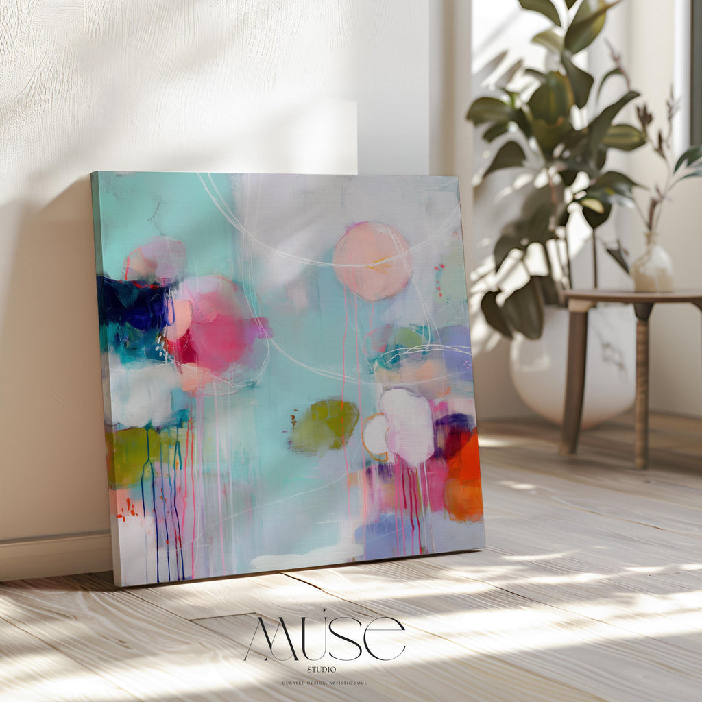 Oversized Canvas Wall Art Colorful Abstract Painting Pink Aqua Orange Modern Decor for Bedroom Living Room Soft Minimalist Bold Style 463 Stretched Canvas Art Large abstract wall decor on stretched canvas, gallery-wrapped and ready to hang. Perfect for colorful wall art in living rooms, office spaces, and design projects. Giclée canvas print with bold brushwork and vibrant modern style for impactful home decor. Muse Studio Decor Art.