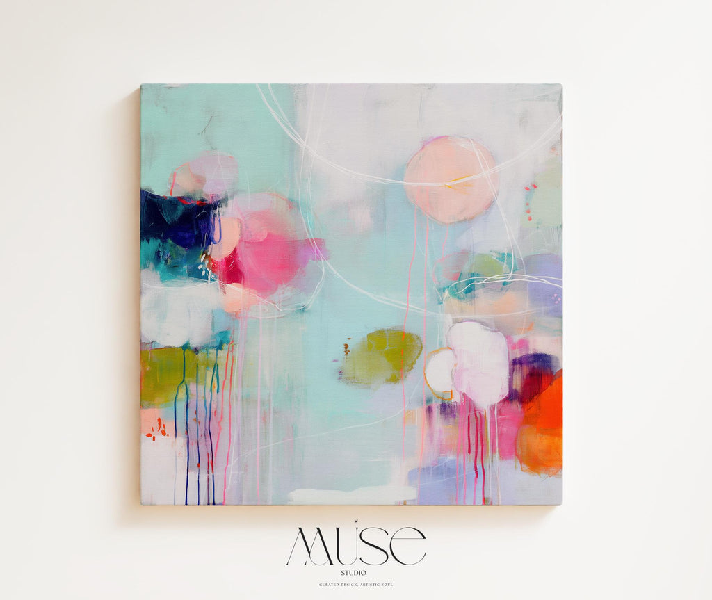 Large horizontal oversized abstract canvas wall art by Muse Studio featuring vibrant pink, aqua, and citrus tones, printed with museum-grade giclée inks on premium artist canvas and hand-stretched over solid wood bars for gallery-quality presentation in living room and office interiors.