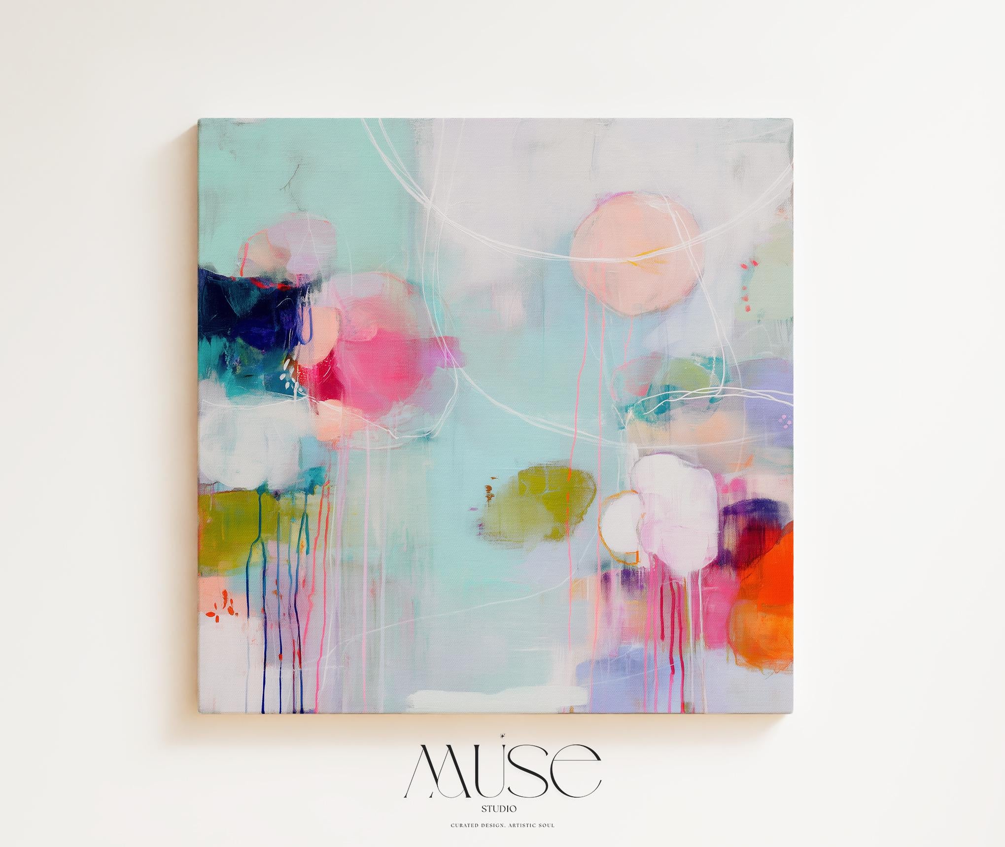 Large horizontal oversized abstract canvas wall art by Muse Studio featuring vibrant pink, aqua, and citrus tones, printed with museum-grade giclée inks on premium artist canvas and hand-stretched over solid wood bars for gallery-quality presentation in living room and office interiors.