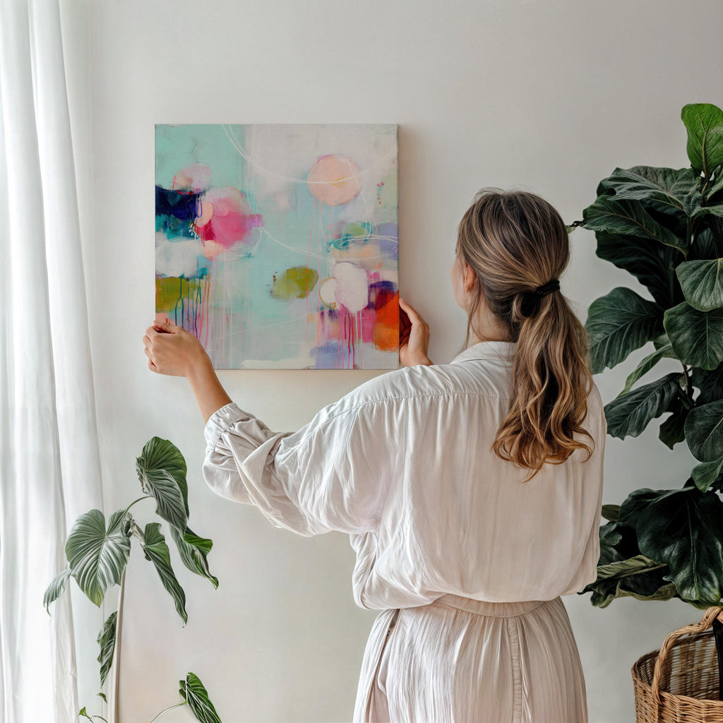Large horizontal oversized abstract canvas wall art by Muse Studio featuring vibrant pink, aqua, and citrus tones, printed with museum-grade giclée inks on premium artist canvas and hand-stretched over solid wood bars for gallery-quality presentation in living room and office interiors.