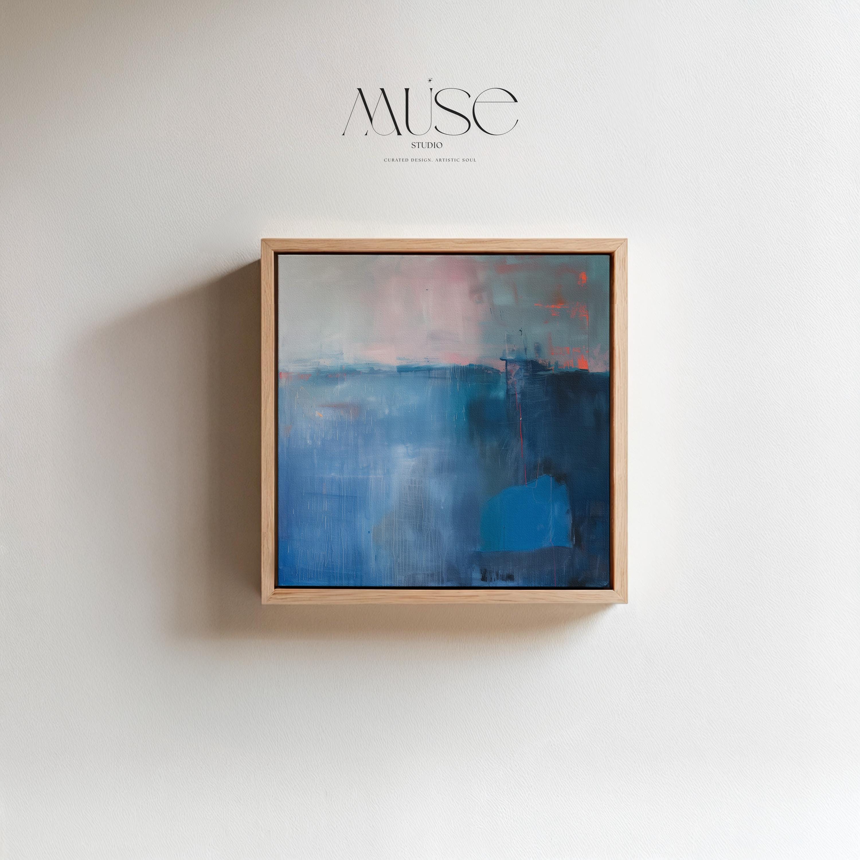 Framed Canvas Wall Art Blue Abstract Painting with Warm Neutrals Modern Transitional Decor Soft Contemporary Style for Living Room 403