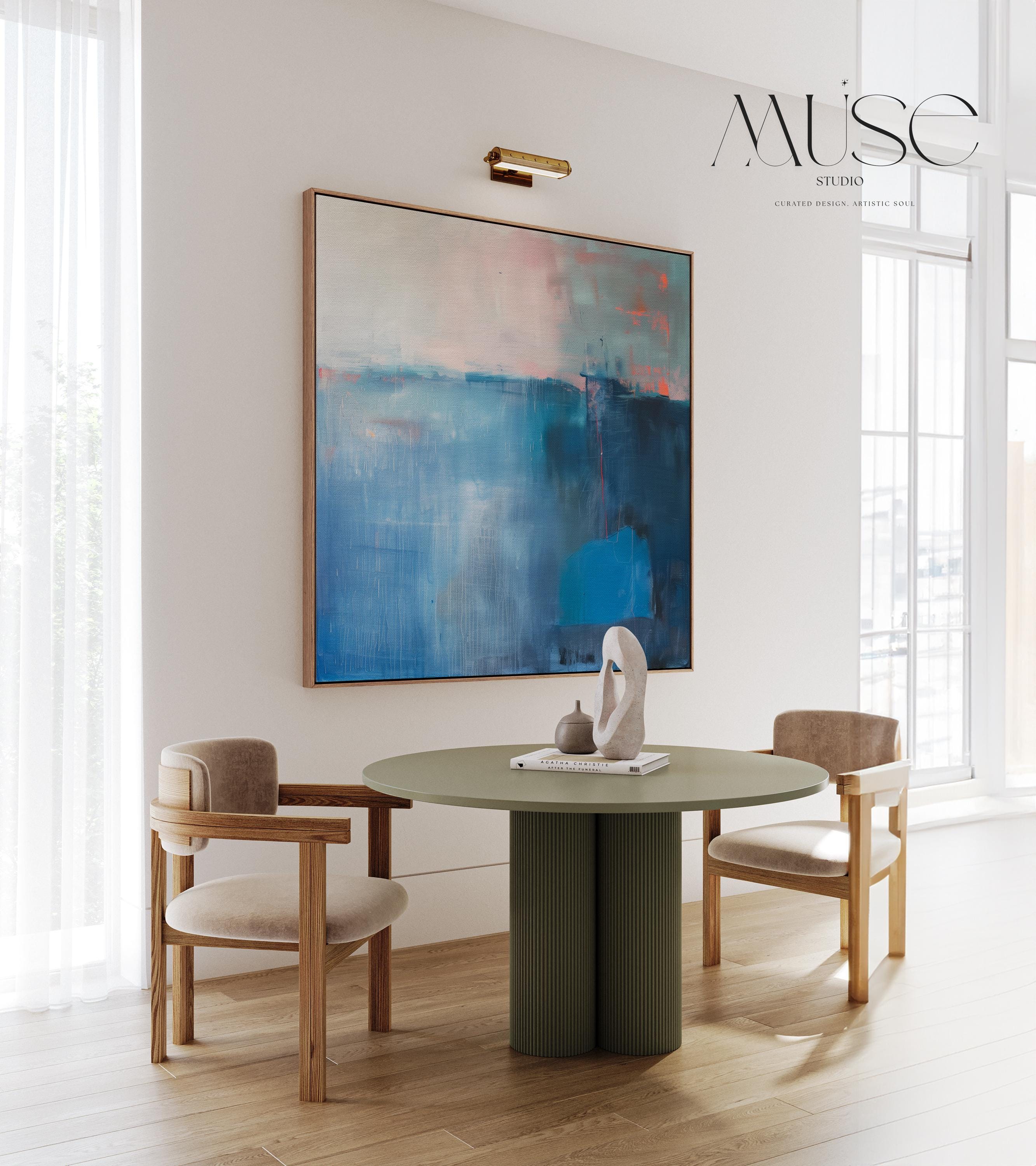 Framed Canvas Wall Art Blue Abstract Painting with Warm Neutrals Modern Transitional Decor Soft Contemporary Style for Living Room 403 Framed Canvas Art Colorful abstract wall art on framed canvas, perfect for bold decor art and modern wall decor. Large statement piece with expressive brushstrokes and rich textures. Ready-to-hang giclée canvas designed to energize living rooms, offices, bedrooms and curated interiors. Muse Studio Decor Art.
