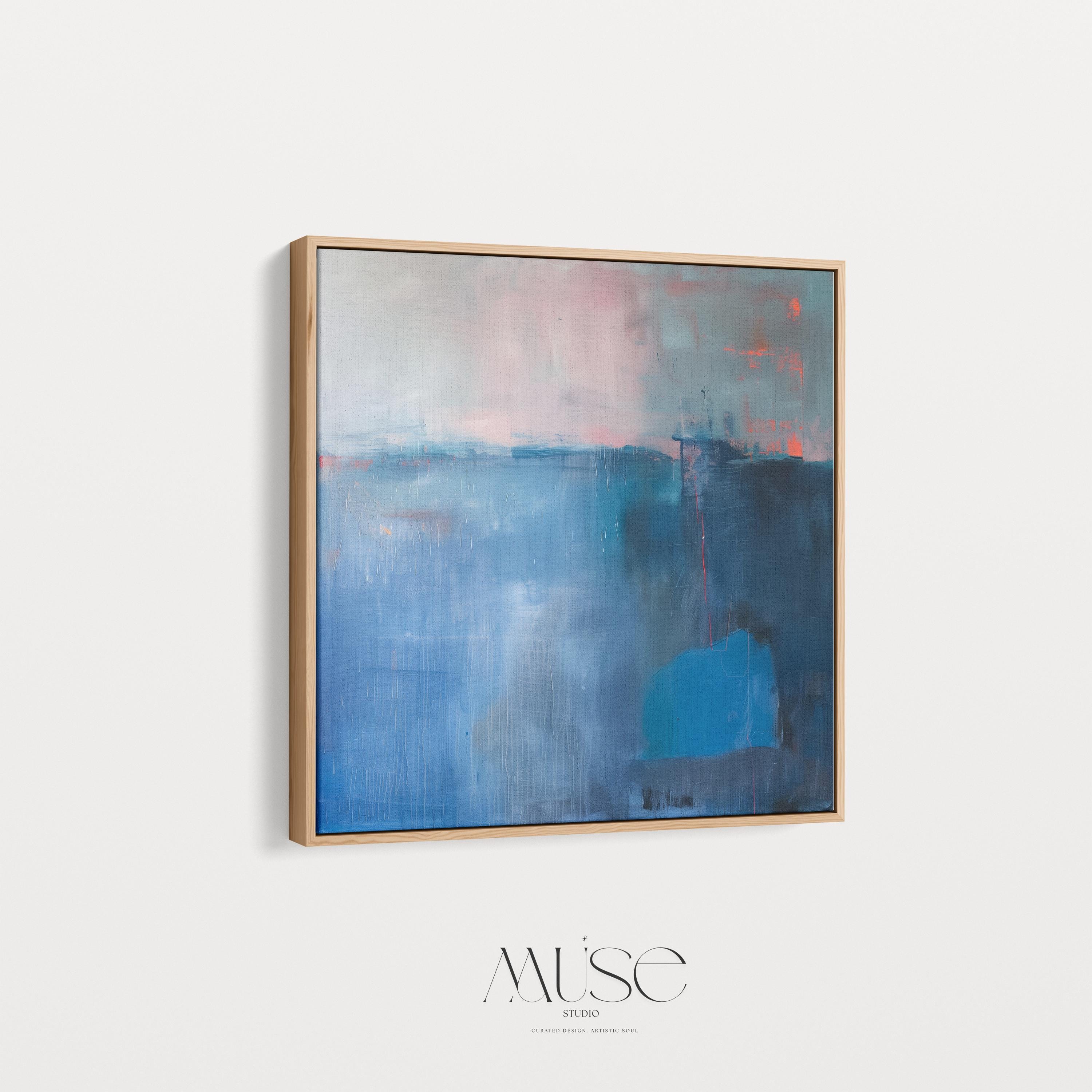Framed Canvas Wall Art Blue Abstract Painting with Warm Neutrals Modern Transitional Decor Soft Contemporary Style for Living Room 403