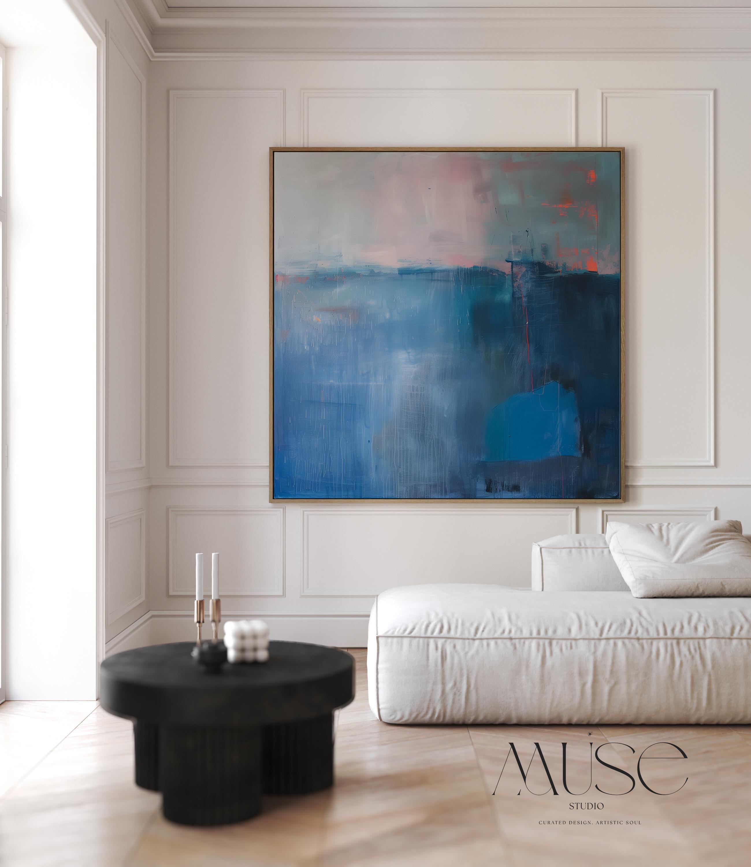 Framed Canvas Wall Art Blue Abstract Painting with Warm Neutrals Modern Transitional Decor Soft Contemporary Style for Living Room 403