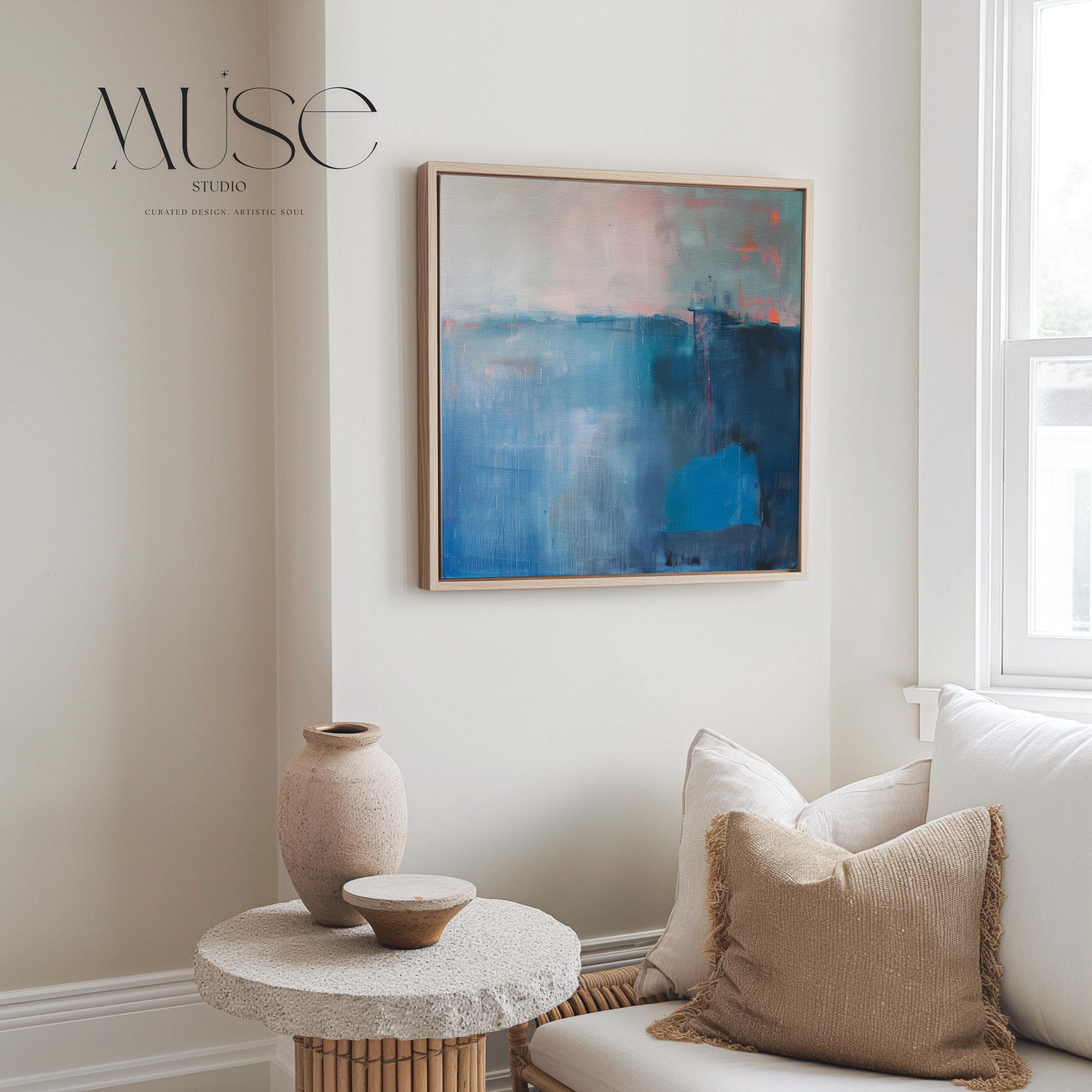 Framed Canvas Wall Art Blue Abstract Painting with Warm Neutrals Modern Transitional Decor Soft Contemporary Style for Living Room 403