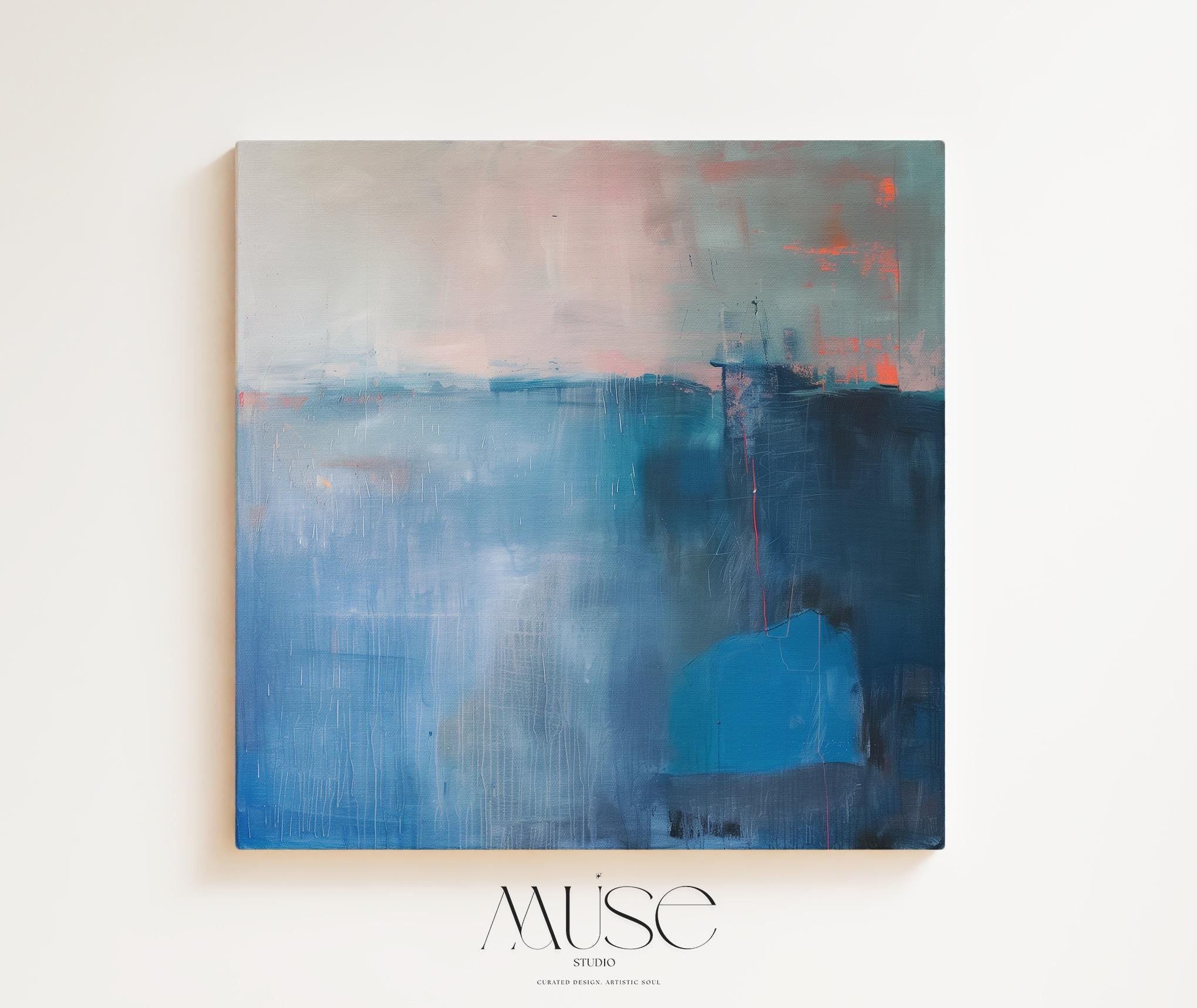 Oversized Canvas Wall Art Blue Abstract Painting with Taupe and Blush Neutral Modern Decor for Living Room Office Soft Minimalist Style 403
