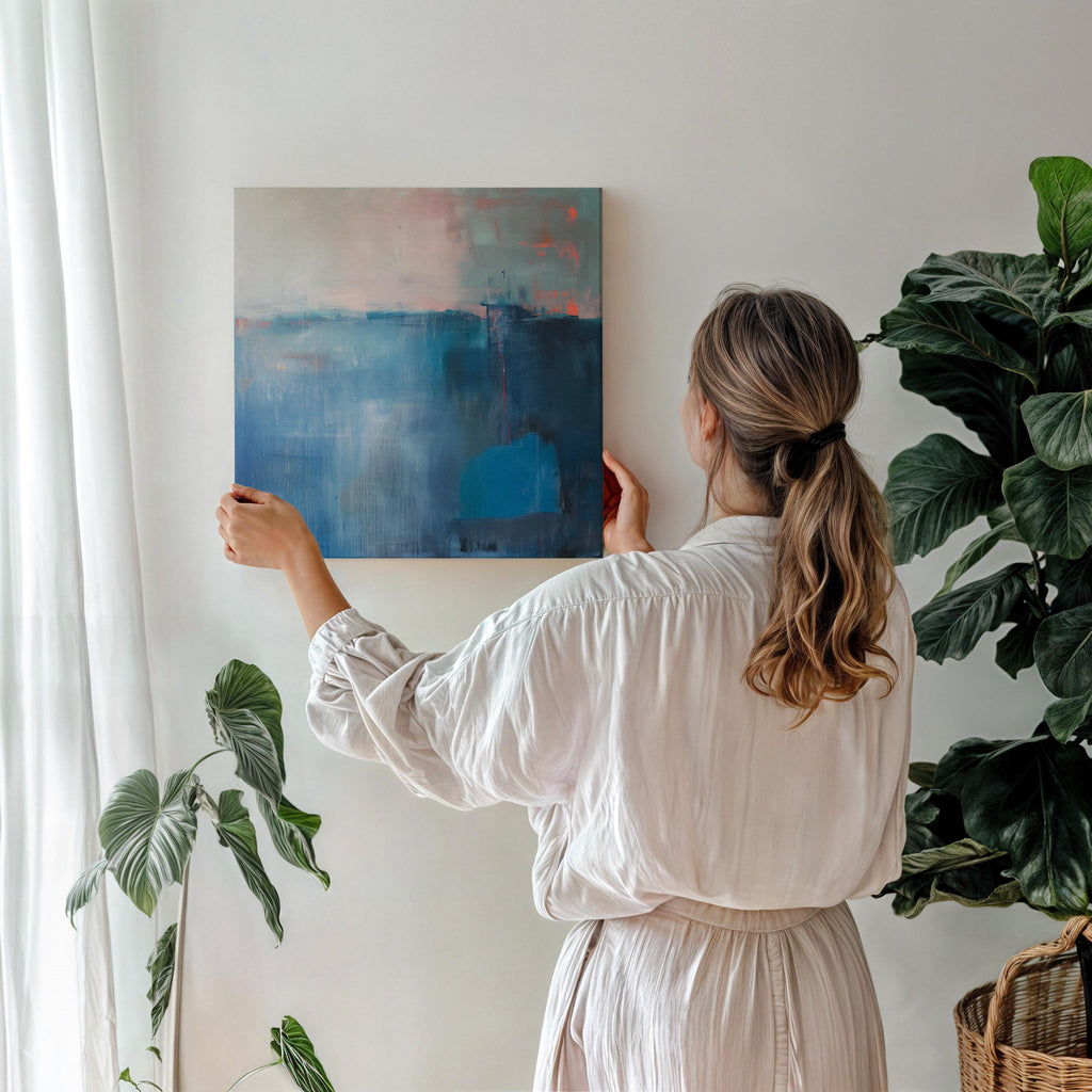 Oversized Canvas Wall Art Blue Abstract Painting with Taupe and Blush Neutral Modern Decor for Living Room Office Soft Minimalist Style 403