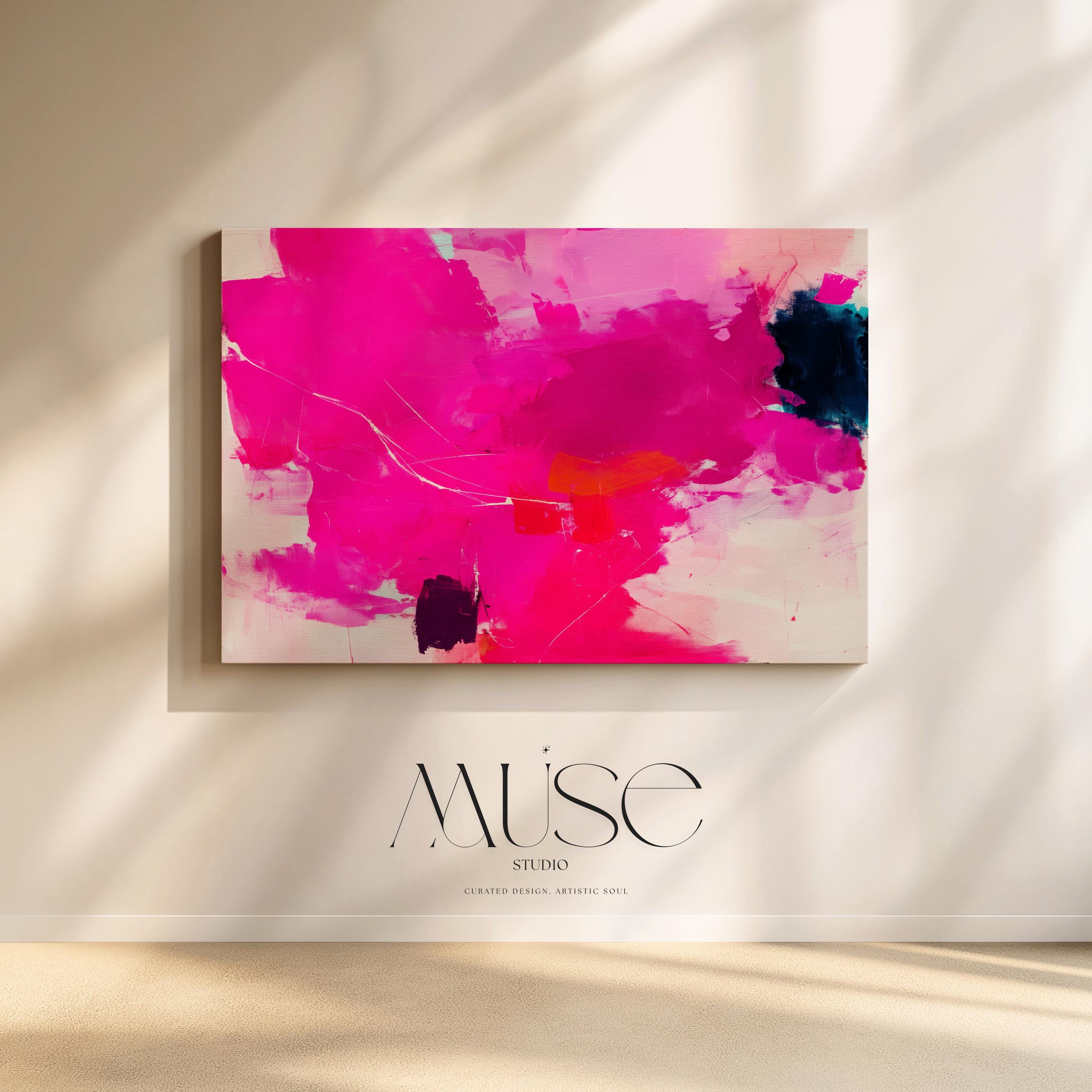 Oversized Canvas Wall Art Bold Abstract Painting Hot Pink and Navy Contemporary Color Pop Decor for Living Room Statement Dopamine Art 445 Stretched Canvas Art Large abstract wall decor on stretched canvas, gallery-wrapped and ready to hang. Perfect for colorful wall art in living rooms, office spaces, and design projects. Giclée canvas print with bold brushwork and vibrant modern style for impactful home decor. Muse Studio Decor Art.