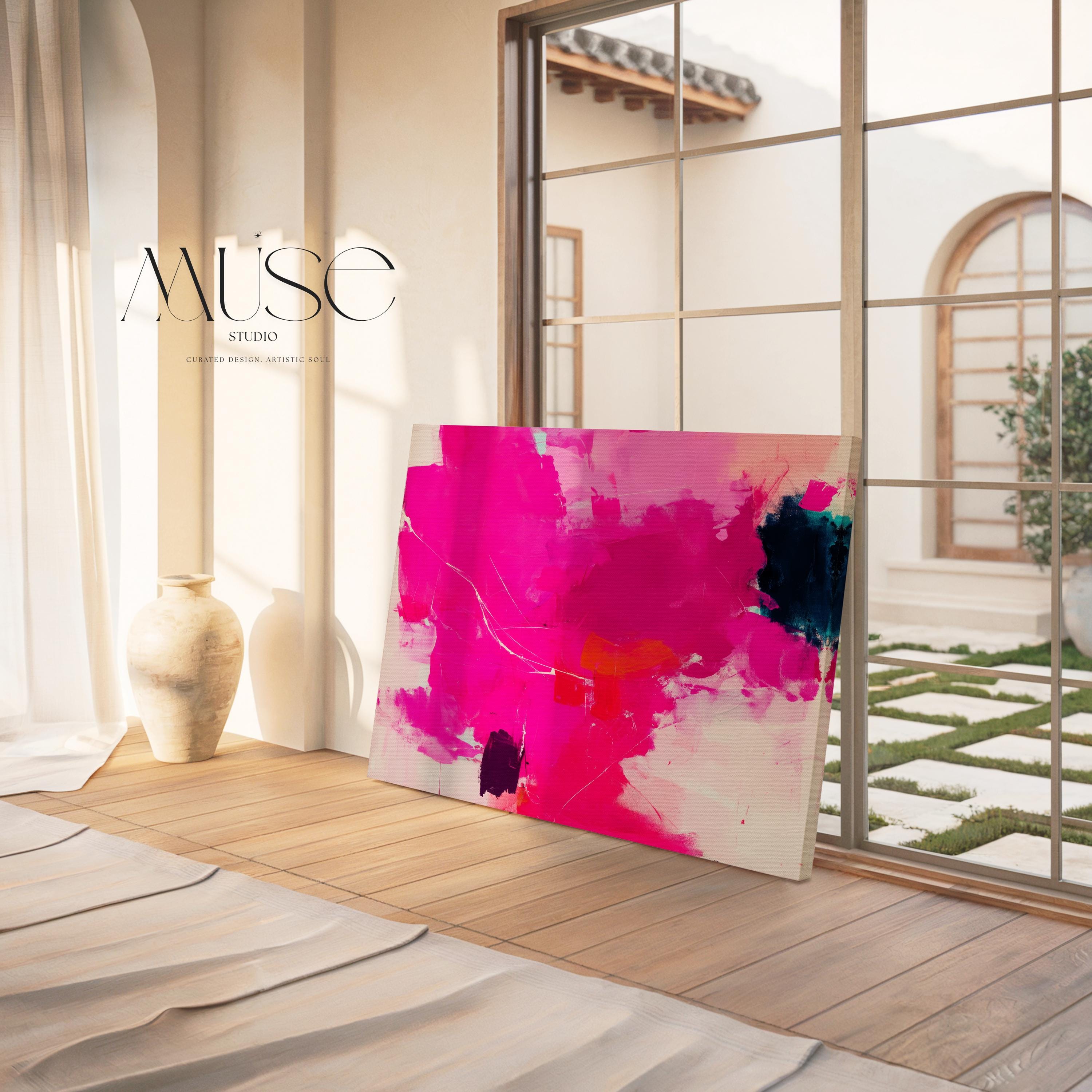 Oversized Canvas Wall Art Bold Abstract Painting Hot Pink and Navy Contemporary Color Pop Decor for Living Room Statement Dopamine Art 445 Stretched Canvas Art Large abstract wall decor on stretched canvas, gallery-wrapped and ready to hang. Perfect for colorful wall art in living rooms, office spaces, and design projects. Giclée canvas print with bold brushwork and vibrant modern style for impactful home decor. Muse Studio Decor Art.