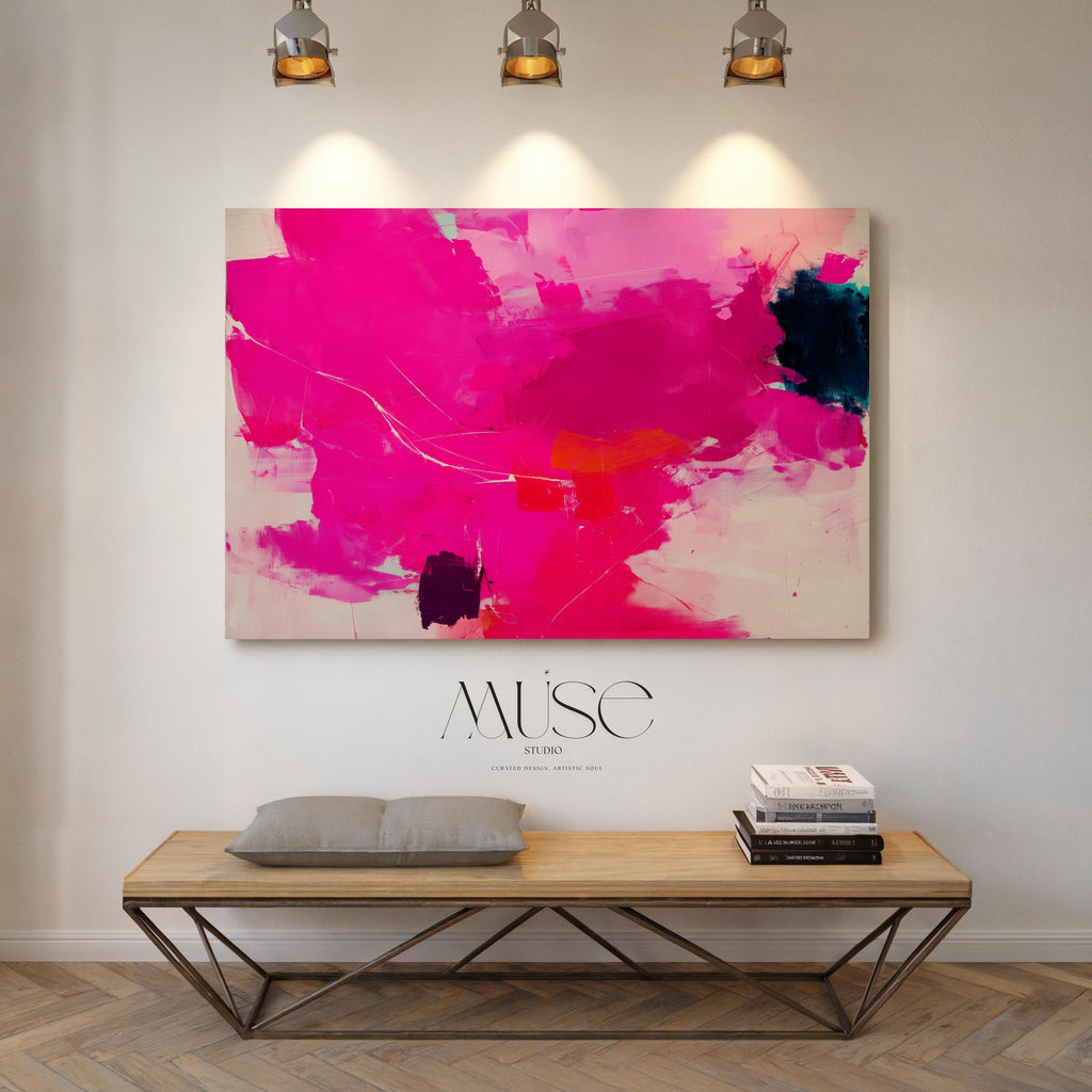 Oversized Canvas Wall Art Bold Abstract Painting Hot Pink and Navy Contemporary Boho Pop Decor for Living Room Statement Dopamine Art 445