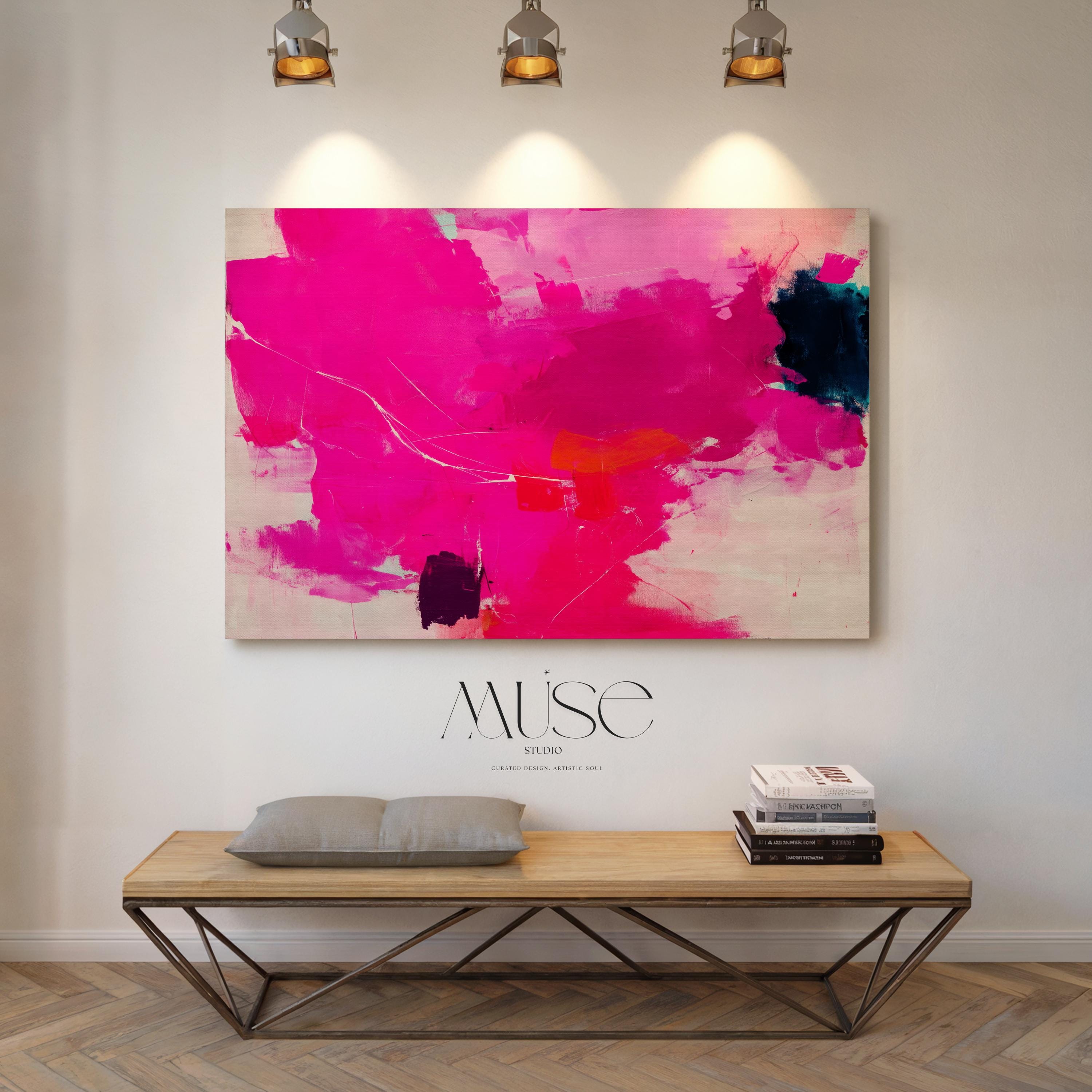 Oversized Canvas Wall Art Bold Abstract Painting Hot Pink and Navy Contemporary Color Pop Decor for Living Room Statement Dopamine Art 445 Stretched Canvas Art Large abstract wall decor on stretched canvas, gallery-wrapped and ready to hang. Perfect for colorful wall art in living rooms, office spaces, and design projects. Giclée canvas print with bold brushwork and vibrant modern style for impactful home decor. Muse Studio Decor Art.
