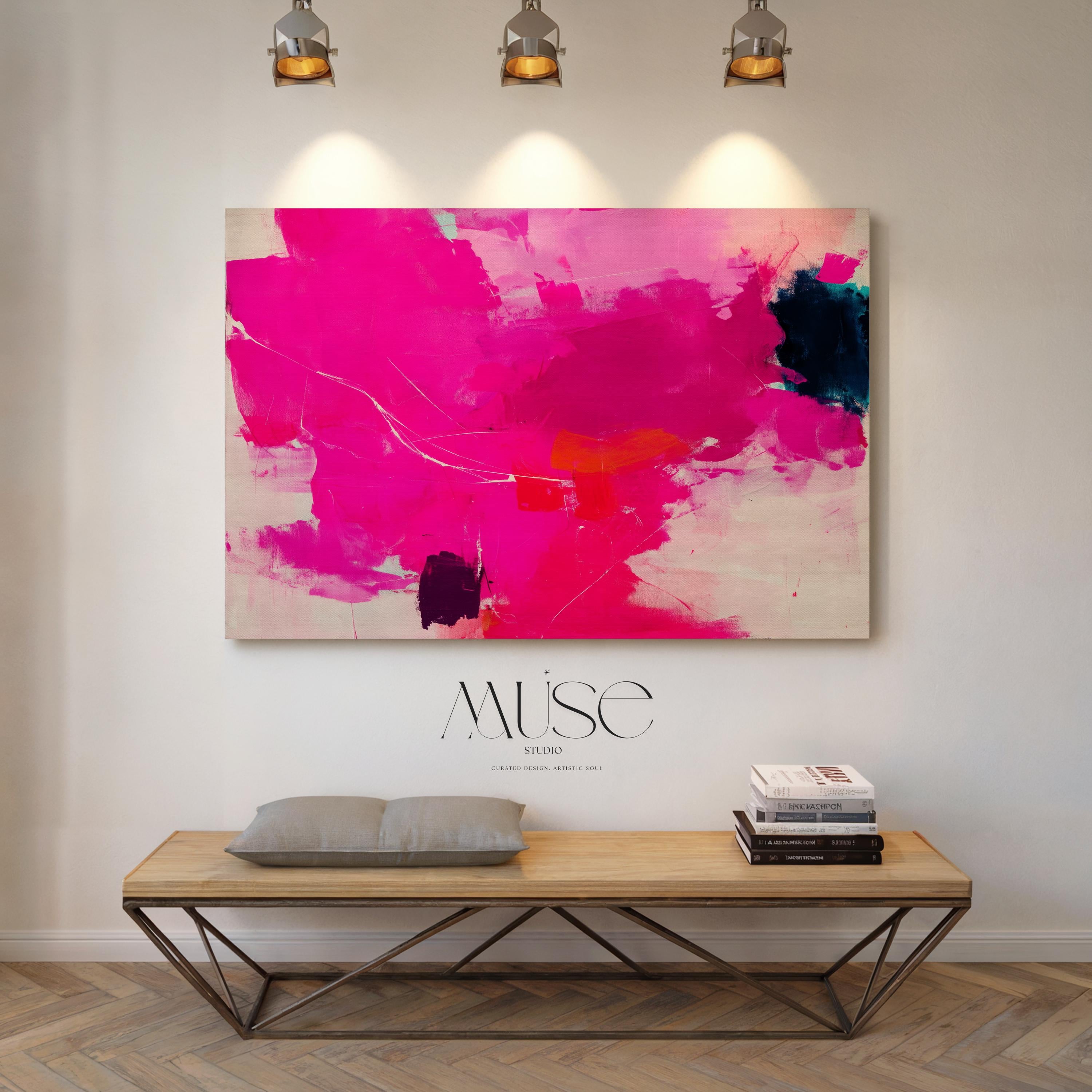 Oversized Canvas Wall Art Bold Abstract Painting Hot Pink and Navy Contemporary Color Pop Decor for Living Room Statement Dopamine Art 445 Stretched Canvas Art Large abstract wall decor on stretched canvas, gallery-wrapped and ready to hang. Perfect for colorful wall art in living rooms, office spaces, and design projects. Giclée canvas print with bold brushwork and vibrant modern style for impactful home decor. Muse Studio Decor Art.