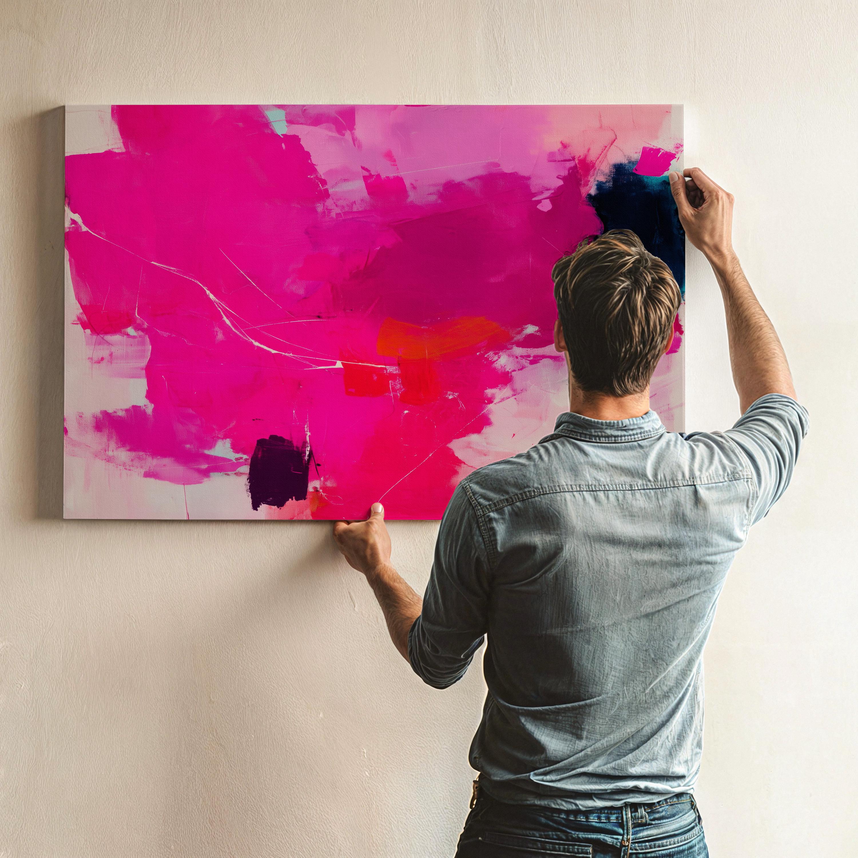 Oversized Canvas Wall Art Bold Abstract Painting Hot Pink and Navy Contemporary Color Pop Decor for Living Room Statement Dopamine Art 445 Stretched Canvas Art Large abstract wall decor on stretched canvas, gallery-wrapped and ready to hang. Perfect for colorful wall art in living rooms, office spaces, and design projects. Giclée canvas print with bold brushwork and vibrant modern style for impactful home decor. Muse Studio Decor Art.