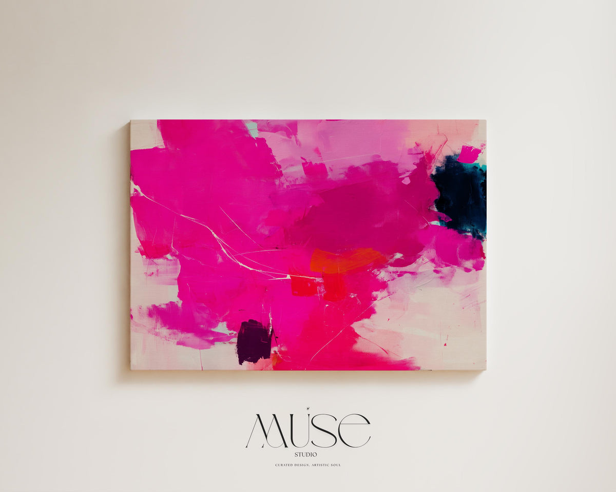 Oversized Canvas Wall Art Bold Abstract Painting Hot Pink and Navy Contemporary Color Pop Decor for Living Room Statement Dopamine Art 445 Stretched Canvas Art Large abstract wall decor on stretched canvas, gallery-wrapped and ready to hang. Perfect for colorful wall art in living rooms, office spaces, and design projects. Giclée canvas print with bold brushwork and vibrant modern style for impactful home decor. Muse Studio Decor Art.