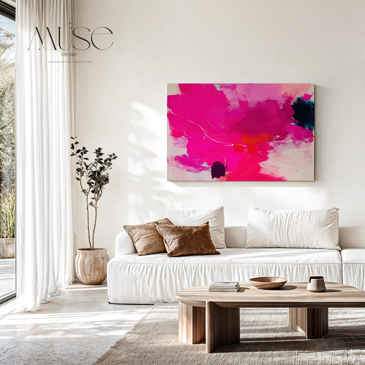 Oversized Canvas Wall Art Bold Abstract Painting Hot Pink and Navy Contemporary Color Pop Decor for Living Room Statement Dopamine Art 445 Stretched Canvas Art Large abstract wall decor on stretched canvas, gallery-wrapped and ready to hang. Perfect for colorful wall art in living rooms, office spaces, and design projects. Giclée canvas print with bold brushwork and vibrant modern style for impactful home decor. Muse Studio Decor Art.