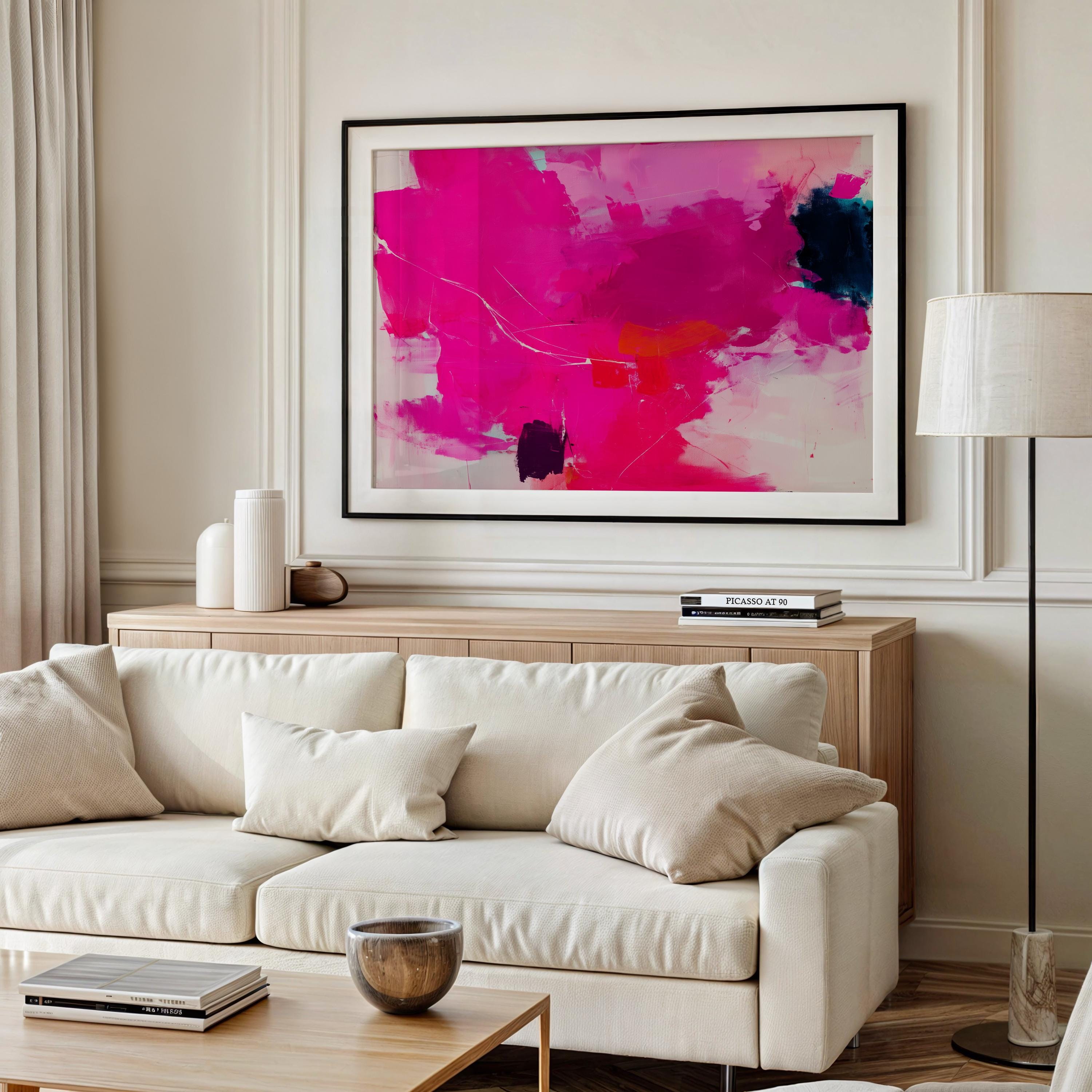 Hot Pink Abstract Art Print  Bold Modern Wall Art with Navy and Orange for Office Living Room or Dorm Boho Decor Statement 445