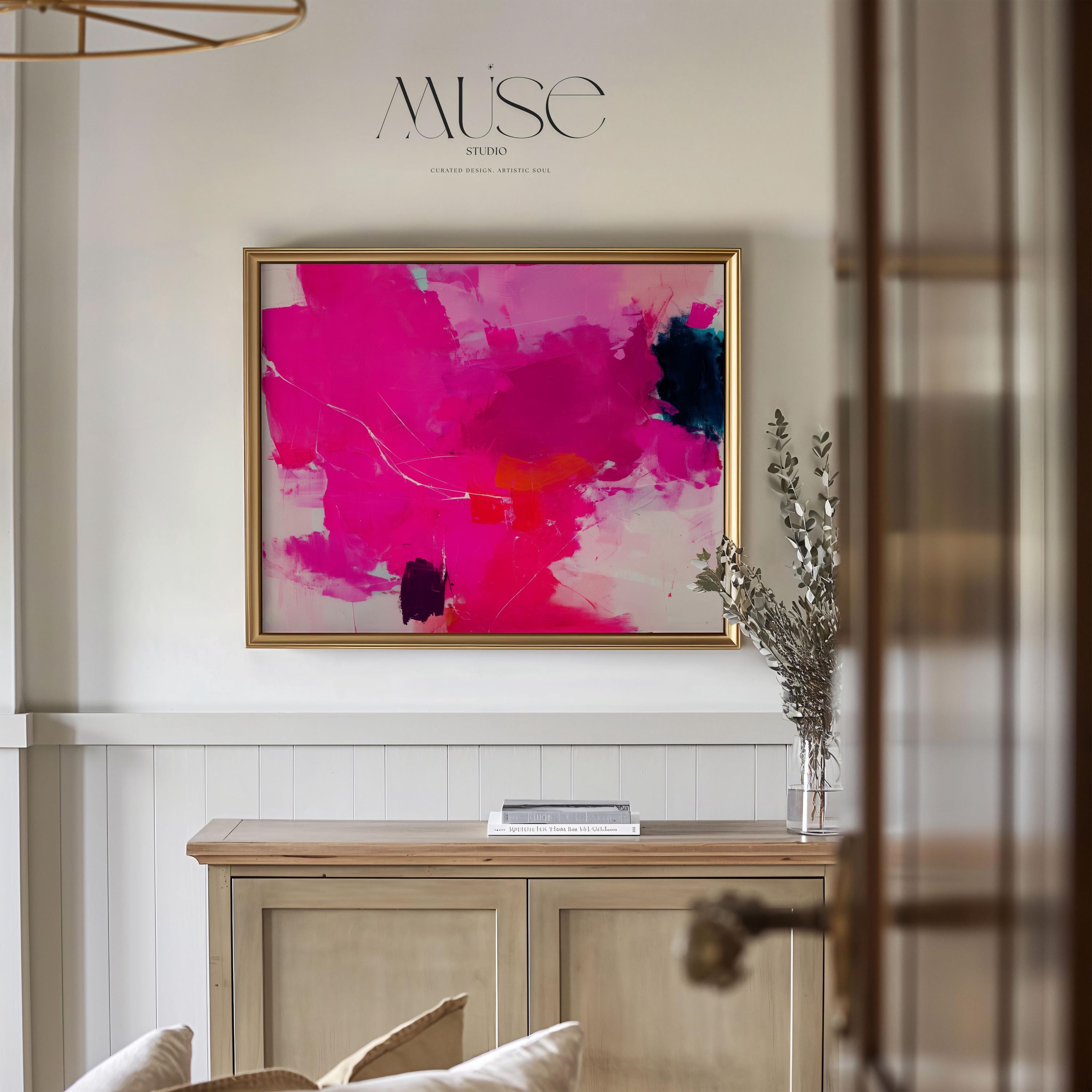 Hot Pink Abstract Art Print  Bold Modern Wall Art with Navy and Orange for Office Living Room or Dorm Boho Decor Statement 445