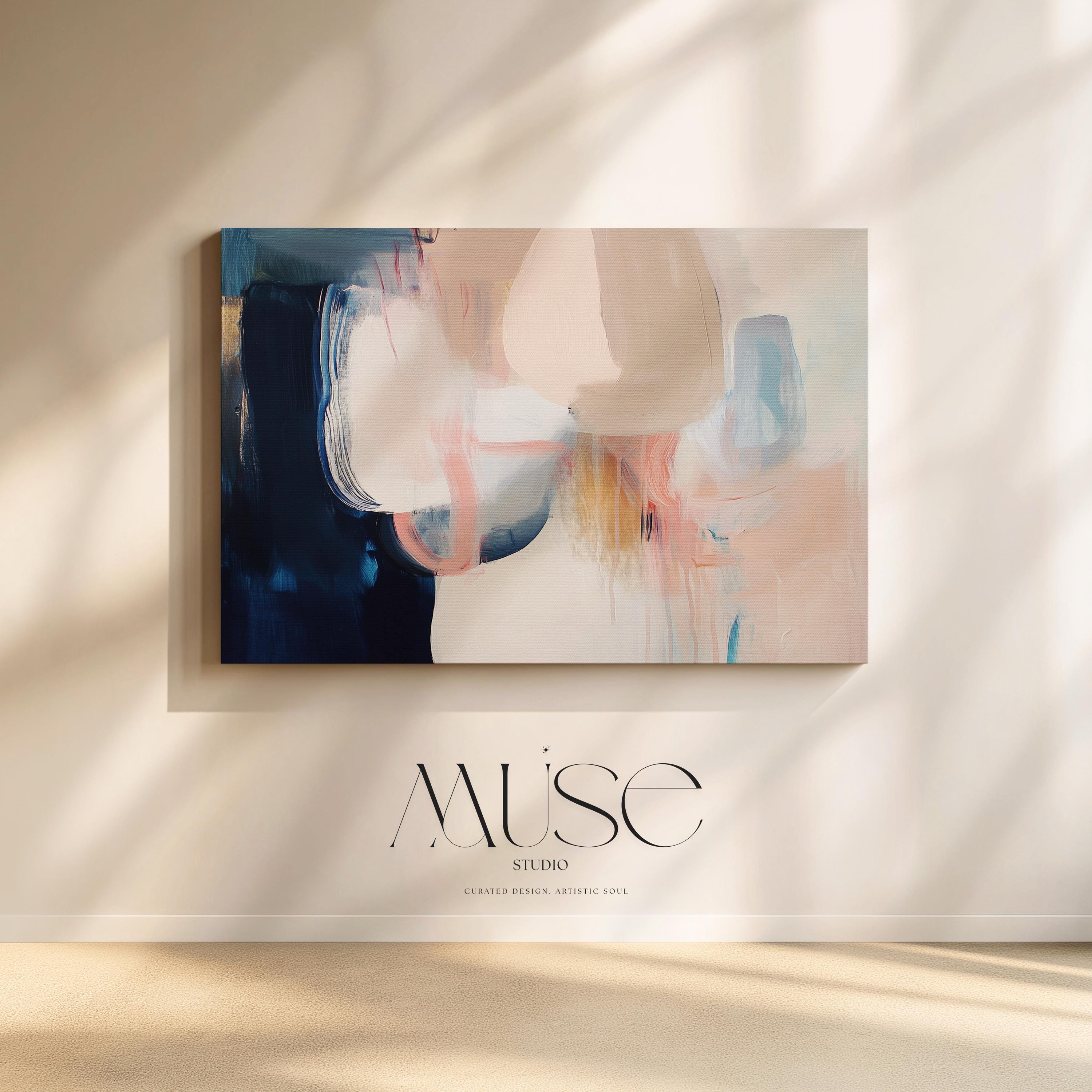 Oversized Canvas Wall Art Neutral Abstract Painting Navy Blush Beige Soft Contemporary Decor for Living Room or Office Statement 439 Stretched Canvas Art Large abstract wall decor on stretched canvas, gallery-wrapped and ready to hang. Perfect for colorful wall art in living rooms, office spaces, and design projects. Giclée canvas print with bold brushwork and vibrant modern style for impactful home decor. Muse Studio Decor Art.