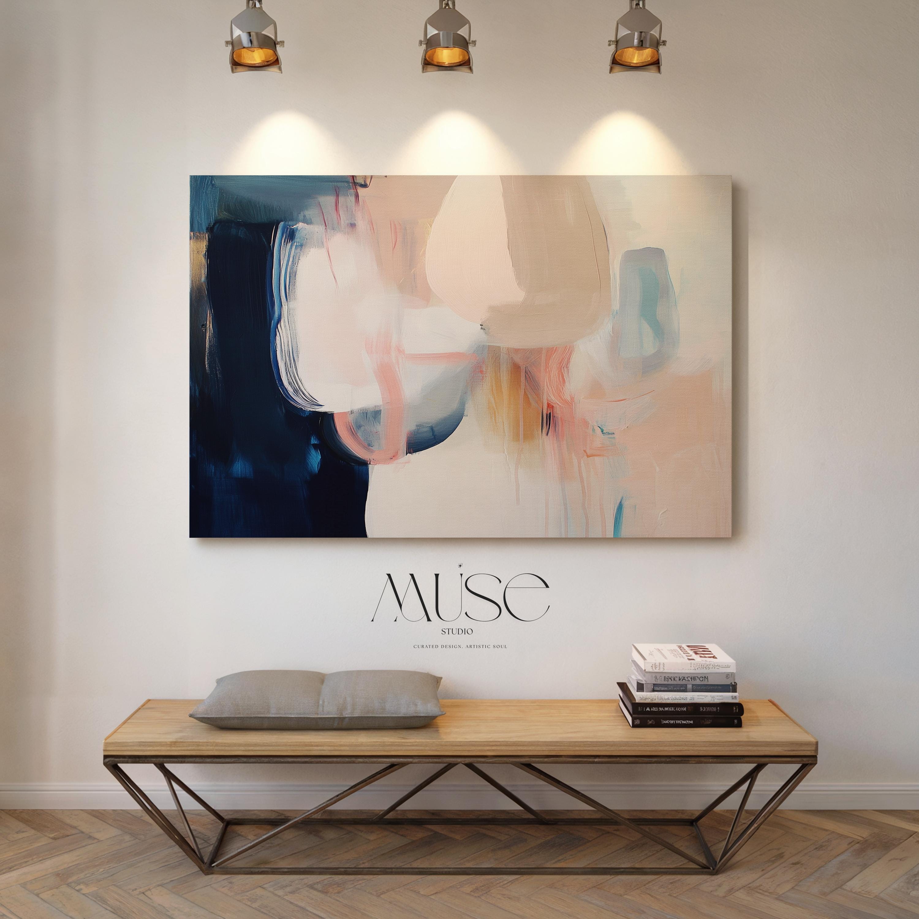 Oversized Canvas Wall Art Neutral Abstract Painting Navy Blush Beige Soft Contemporary Decor for Living Room or Office Statement 439 Stretched Canvas Art Large abstract wall decor on stretched canvas, gallery-wrapped and ready to hang. Perfect for colorful wall art in living rooms, office spaces, and design projects. Giclée canvas print with bold brushwork and vibrant modern style for impactful home decor. Muse Studio Decor Art.