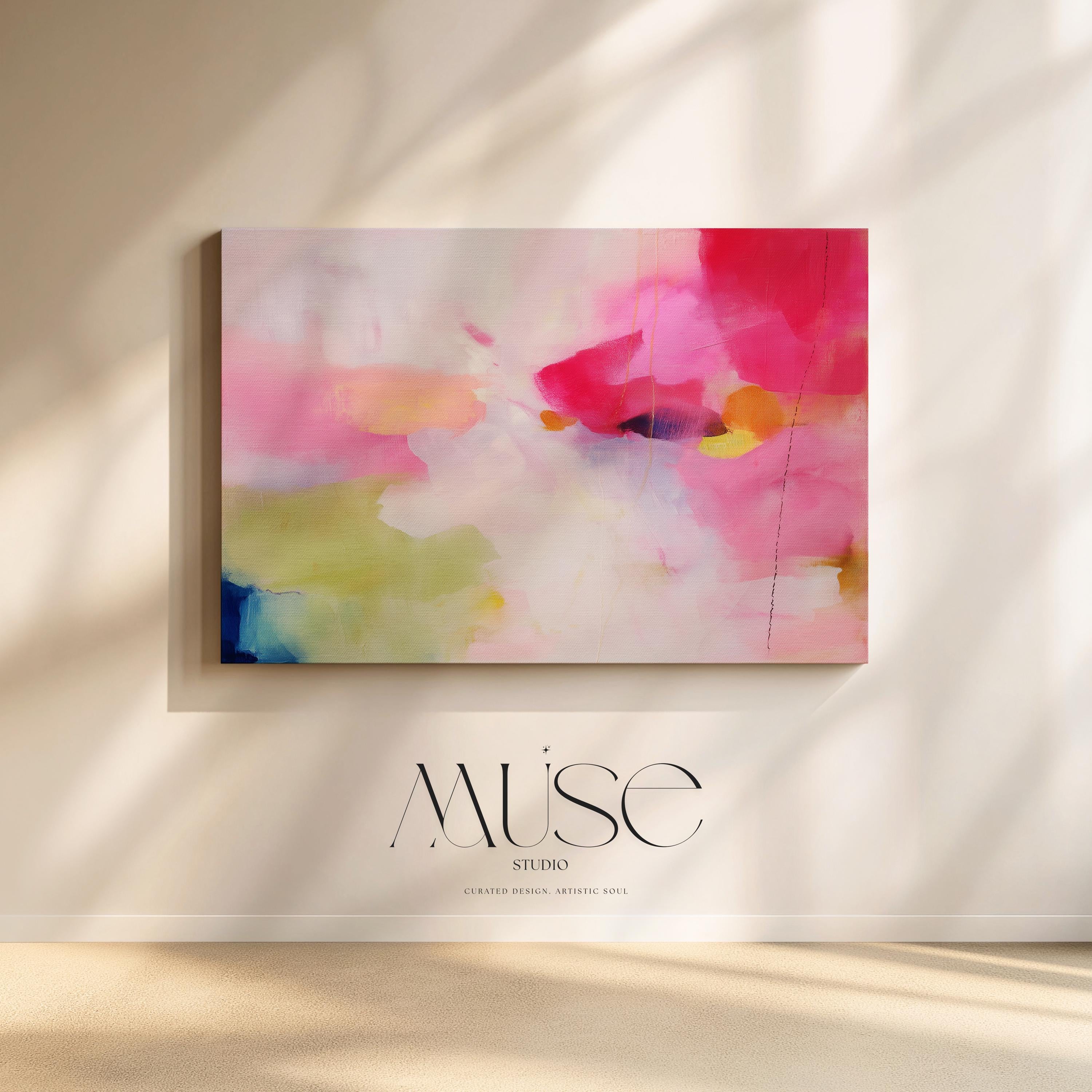 Stretched Canvas Art Large abstract wall decor on stretched canvas, gallery-wrapped and ready to hang. Perfect for colorful wall art in living rooms, office spaces, and design projects. Giclée canvas print with bold brushwork and vibrant modern style for impactful home decor. Muse Studio Decor Art. Oversized Canvas Wall Art Abstract Painting in Pink Yellow Blue Modern Color Pop Decor for Living Room or Office Dopamine Style 441